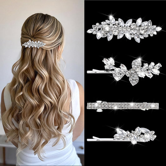 4 Pcs Rhinestone Hair Clips Silver Hair Clips Wedding Bridal Barrettes Crystal Bobby Pins Brides Jewelry Leaf Wedding Hairpins Elegant Accessories for Brides Bridesmaids Flower Girls