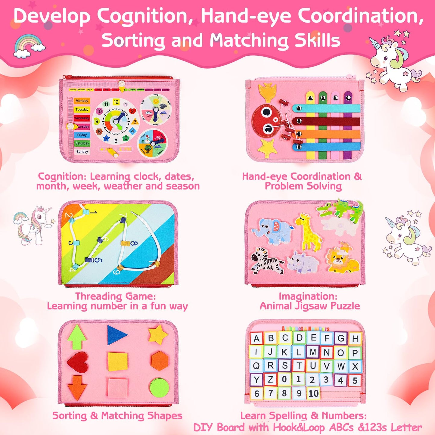 Esjay Toddler Busy Board Montessori Toys for Girls, Sensory Book Educational Activities for Learning Fine Motor Skills, Birthday Gifts for Girls Toddlers, Travel Toys for Airplane Car, Fairy Horse