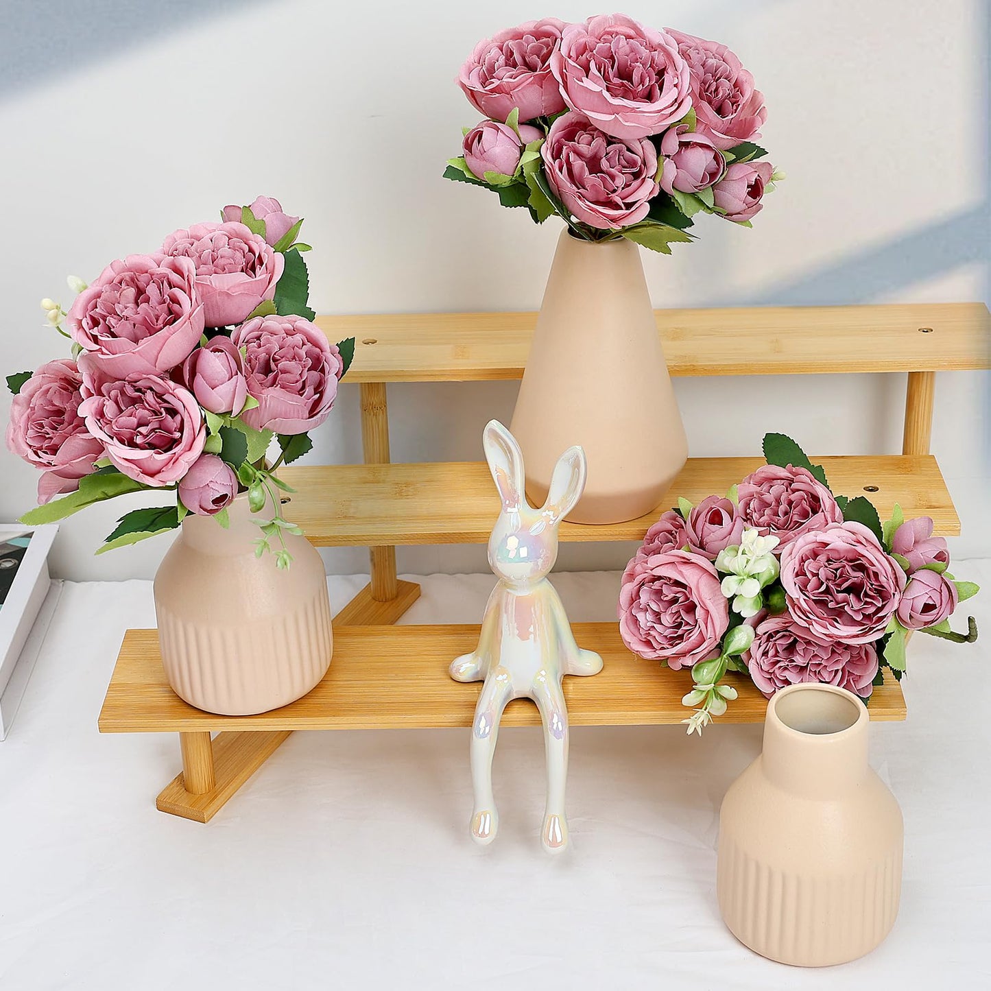 Nagobi Flower Table Centerpiece - Dining Table Centerpiece Decor Set of 3 Fake Peonies in Ceramic Vases & Wood Tray Modern for Kitchen Island Living Room Coffee Table Home Decor (Dusty Pink)