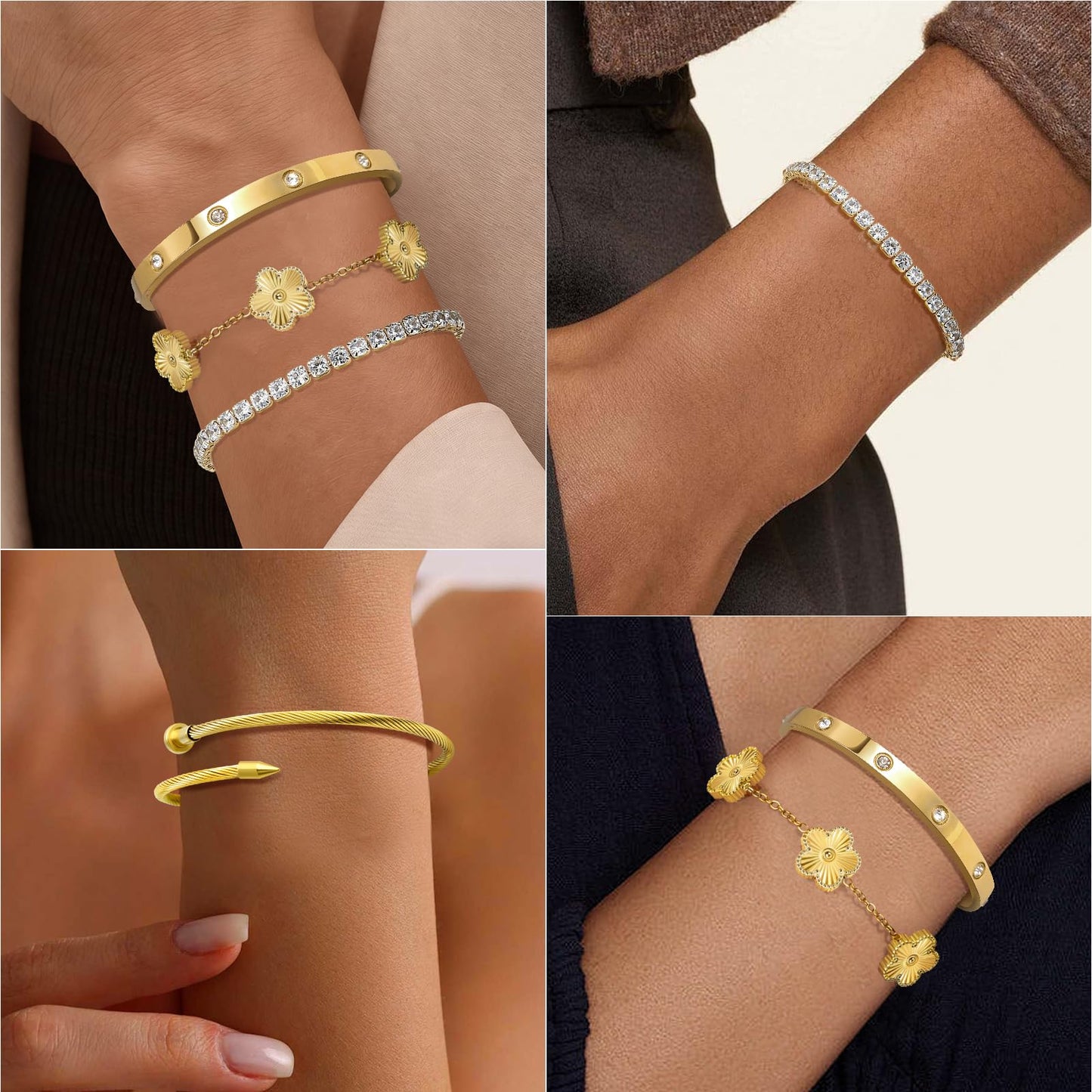 MOINSPIRE 18K Gold Plated Bracelets for Women, Stainless Steel Four Leaf Clover Tennis Nail Love Bangle Bracelets Set, Trendy Stackable Twist Cuff Bracelet Non Tarnish Jewelry Gifts for Christmas
