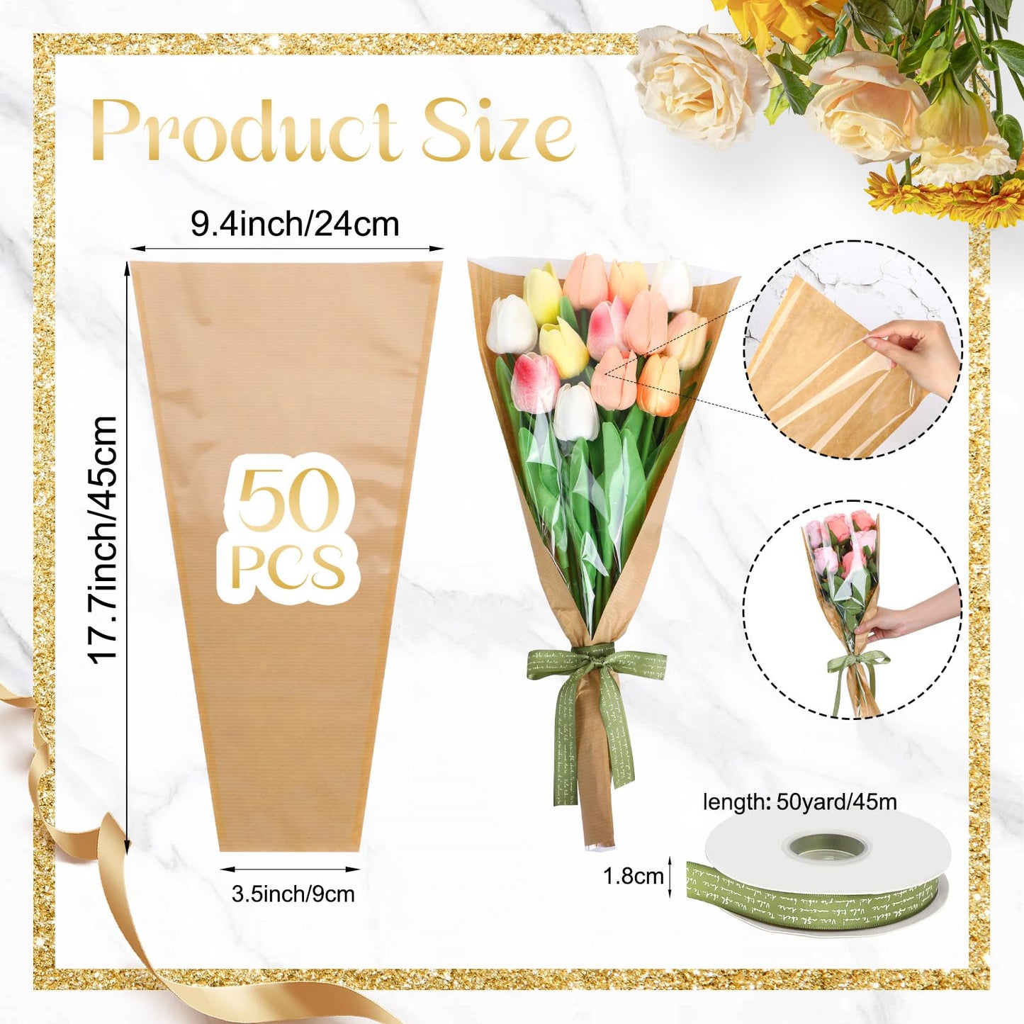 tchrules 50PCS Flower Bouquet Wrapping Paper with Ribbon, Kraft Flower Sleeves for Bouquets, Brown Floral Packing Bags Bulk for Valentine's Day Mother's Day Graduation Wedding, 17.7x9.4x3.5 inch