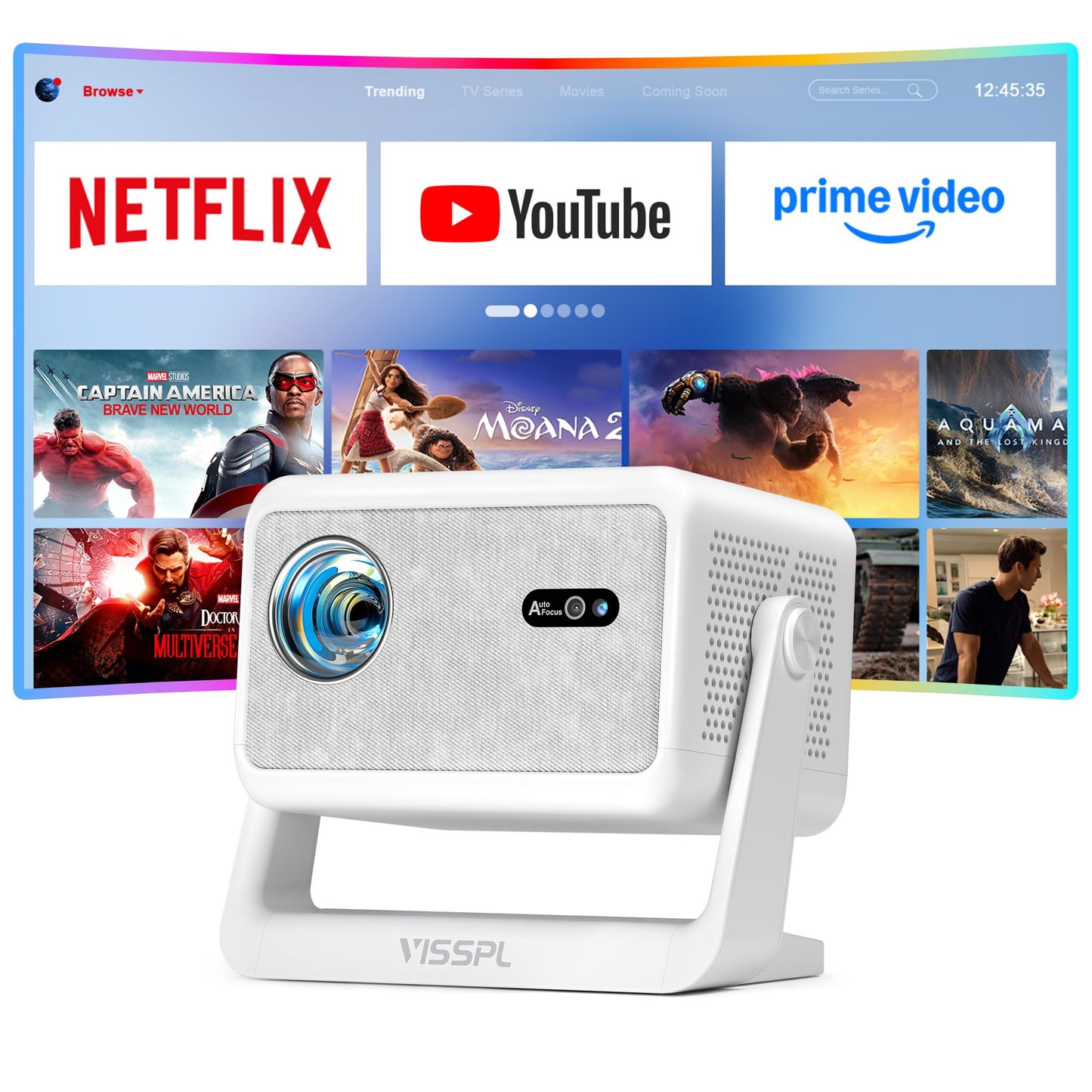 【1900 ANSI & Officially-Licensed APP】Smart 4K Projector with WiFi and Bluetooth, VISSPL Auto Focus Portable Outdoor Projector, Movie Home Theater Proyector with 360° Adjustable Stand