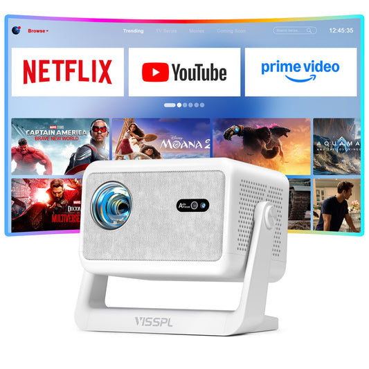 【1900 ANSI & Officially-Licensed APP】Smart 4K Projector with WiFi and Bluetooth, VISSPL Auto Focus Portable Outdoor Projector, Movie Home Theater Proyector with 360° Adjustable Stand