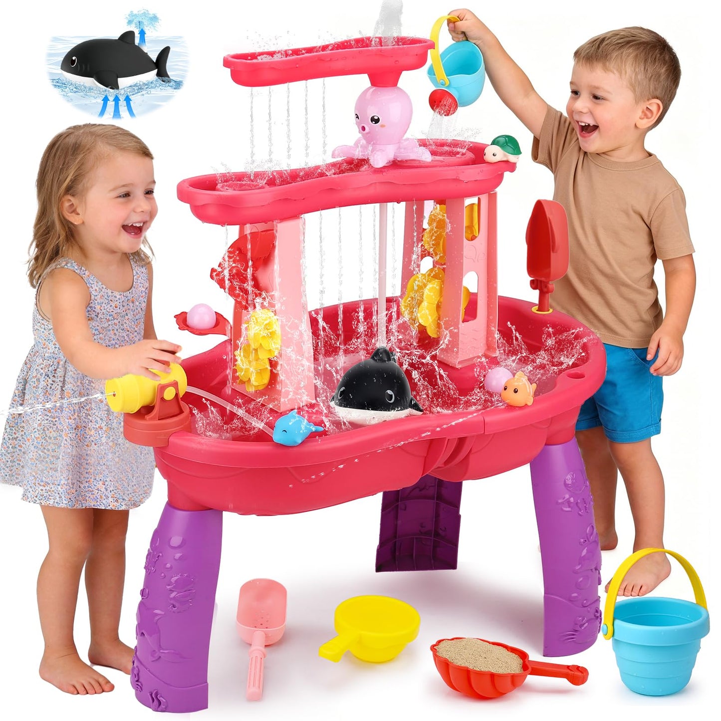 2026 Water Table for Toddlers 1-3 3-5 with Pump, 3-Tier Outdoor Sand Water Play Table Toys for Kids Ages 4-8 Outside Activity Sensory Summer Beach Pool Backyard Splash Pond Toys for Boys Girls Gifts