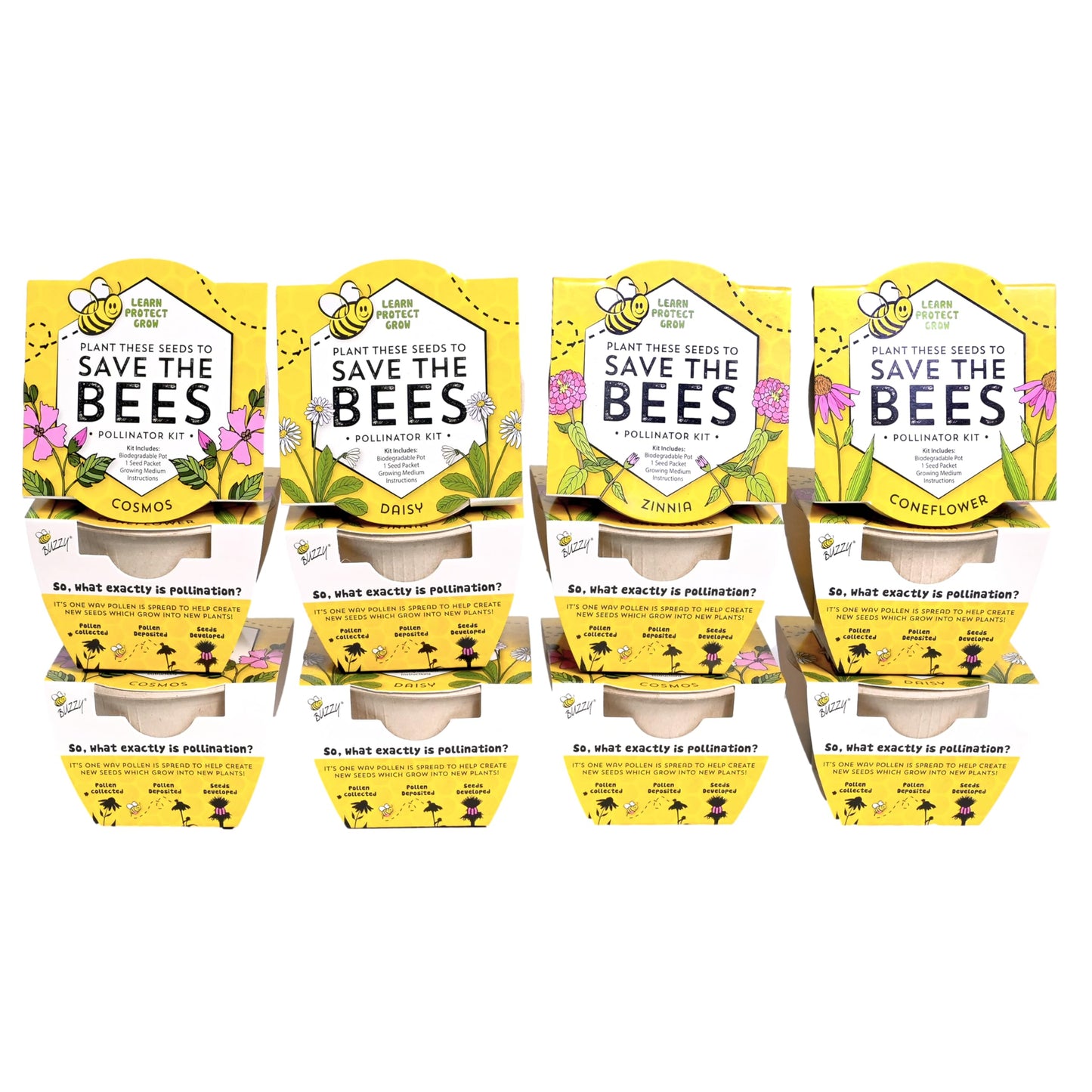 BUZZY Seeds Save The Bees Grow Kit, 12 Biodegradable Mini Flower Pots with Wildflower Seed Packets, Indoor Outdoor Planting Starter Set, DIY Gardening Gift, Sustainable Party Favors Adults