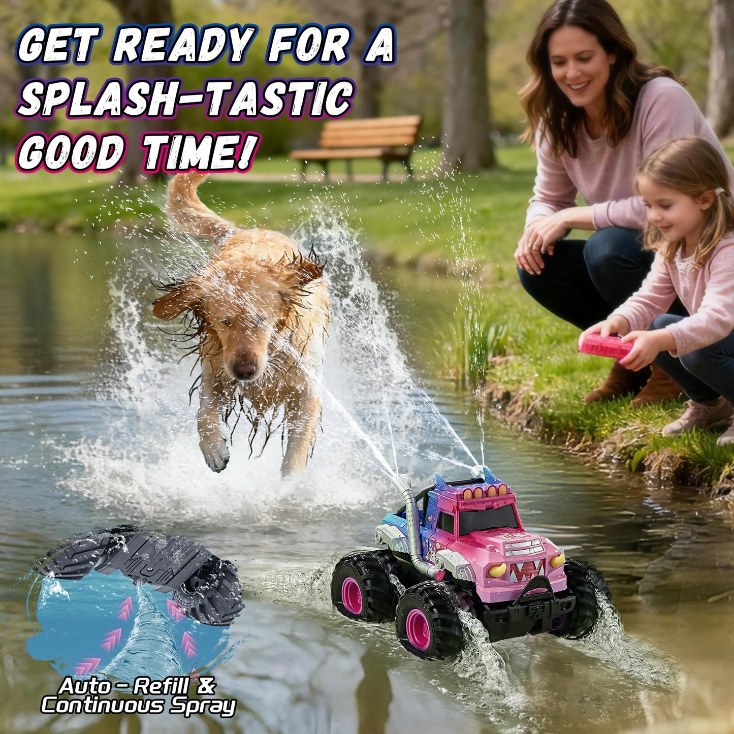 YEESWOOQI Remote Control Car for Girls, Waterproof Pink Monster Truck Toys W/Blocks & 360°Spin, 1:18 Amphibious RC Cars, 4WD All-Terrain Off-Road RC Trucks, Birthday Gifts Pool Toys for Kids Age 3-12
