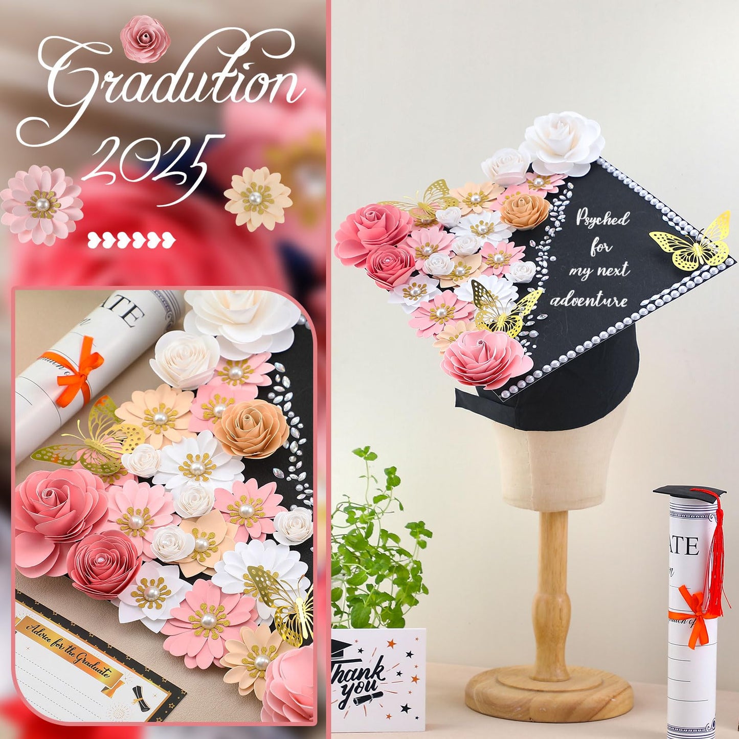 Thiccywoov 43 Pcs Graduation Cap Decorations Kit Includes Artificial Flowers Faux Flower Heads 3D Butterfly Stickers Pearl Rhinestones Glitter Stickers for Grad Cap Topper DIY Graduation Gift(Pink)