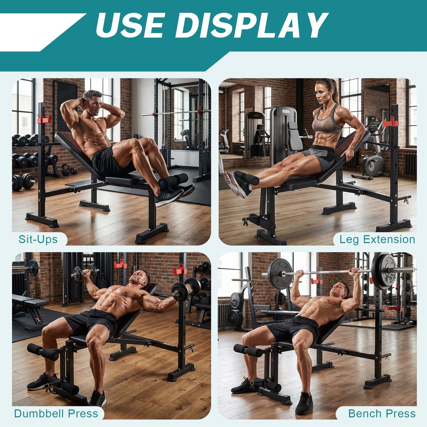 OLIXIS Adjustable Weight Bench Set with Rack, 650 LBS Capacity Heavy Duty Foldable Bench Press Set with Leg Extension Curl, Strength Training Workout Set for Garage, Home, Gym - Black & Red