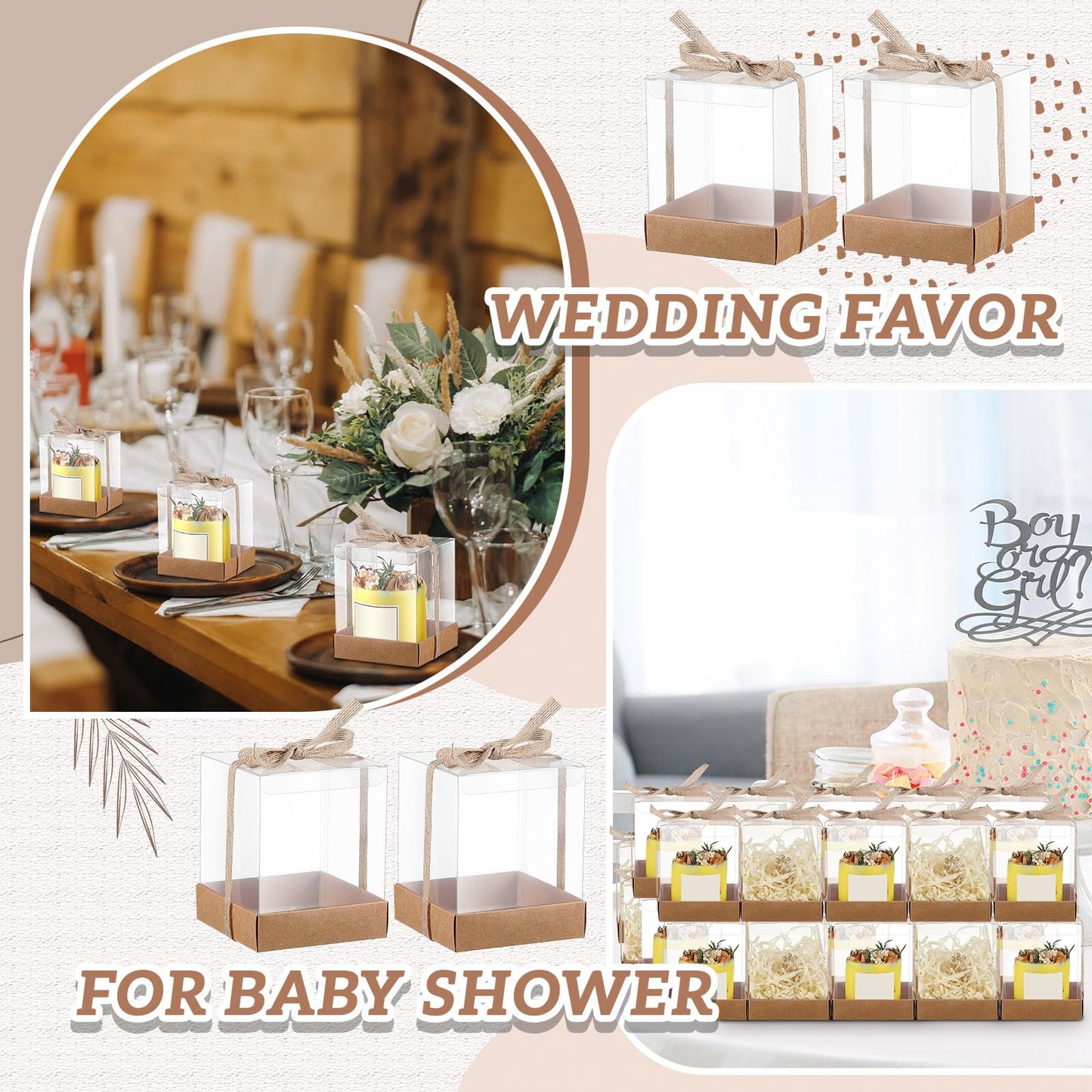Cunno 24 Sets 3.5 x 3.5 x 4.3 in Candle Gift Package Valentine's Transparent Box 4-18 oz Handmade Tealight Candle Holder Paper Bottom Ribbon for Wedding Baby Shower Party Mug (Brown)