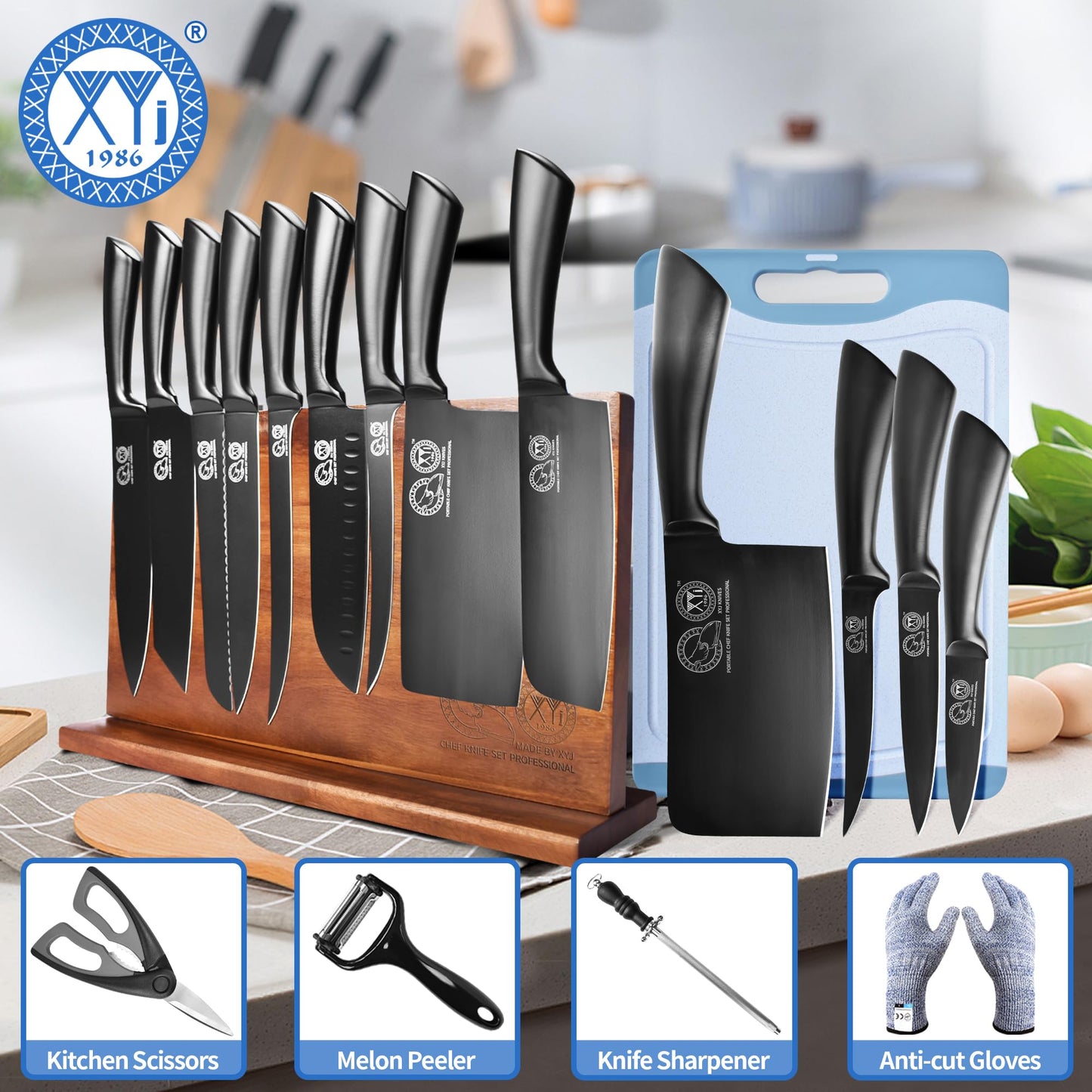 XYJ Professional Knife Sets for Master Chefs,Meat Cleaver Butcher for Camping,Chef Knife Set with Magnetic Knife Block,Bag,Stainless Steel Kitchen Knives Tools Kit