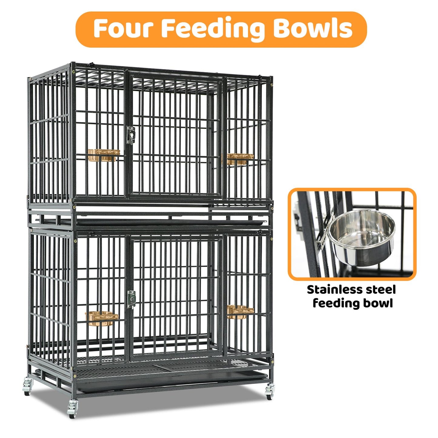 Homey Pet 37 Inch Stackable Heavy Duty Dog Crate Cage Kennel with Feeding Bowls, Lockable Wheels and Removable Tray, Escape Proof Wire Drop Dog Crates for Medium Dogs (Two Tiers)