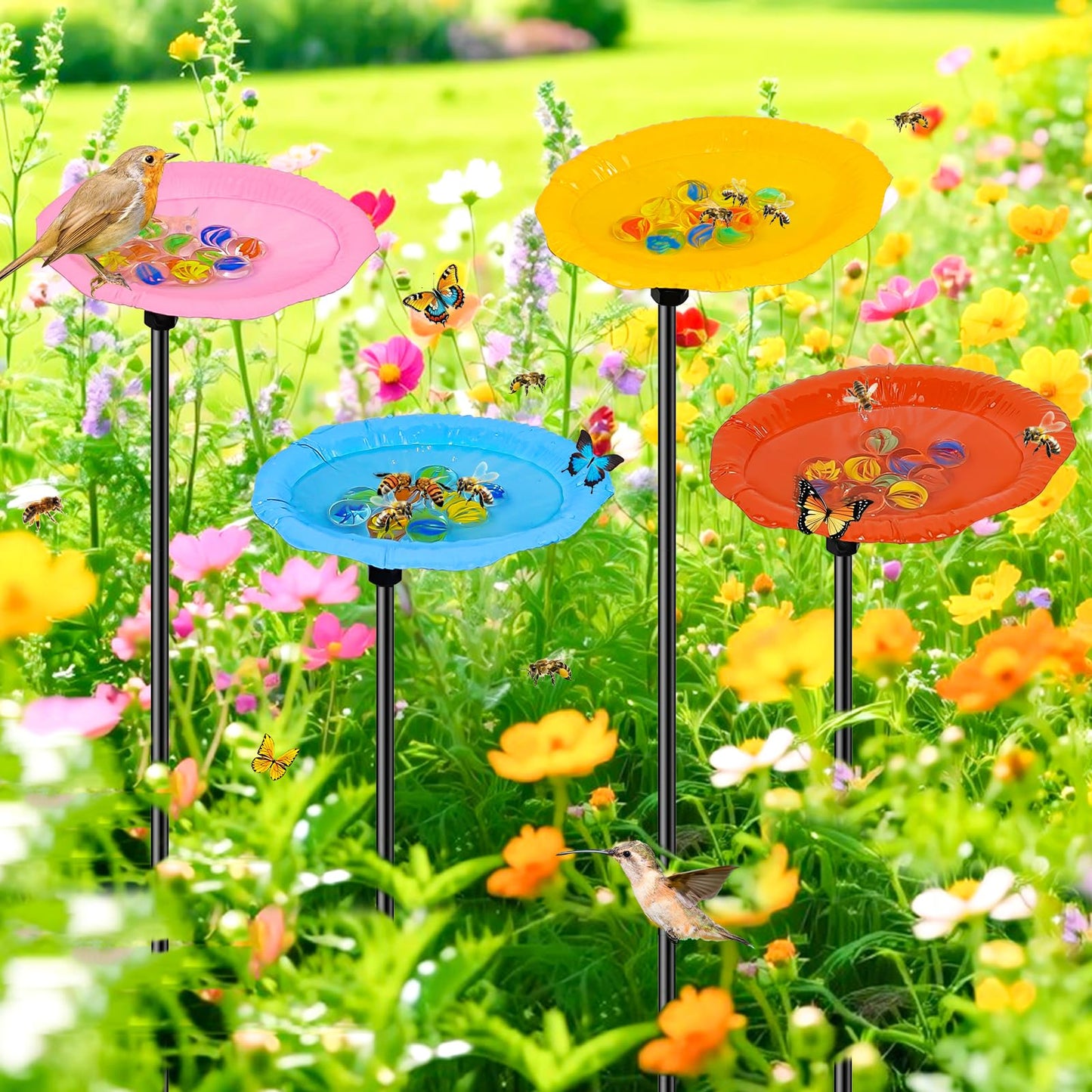 MeyRolizn Metal Bee Watering Station for Outside, 4Pack Butterfly Water Feeder with Glass Marbles, Butterfly Bath Garden Stake for Outdoor Garden Yard Patio Decor (Colourful-A)