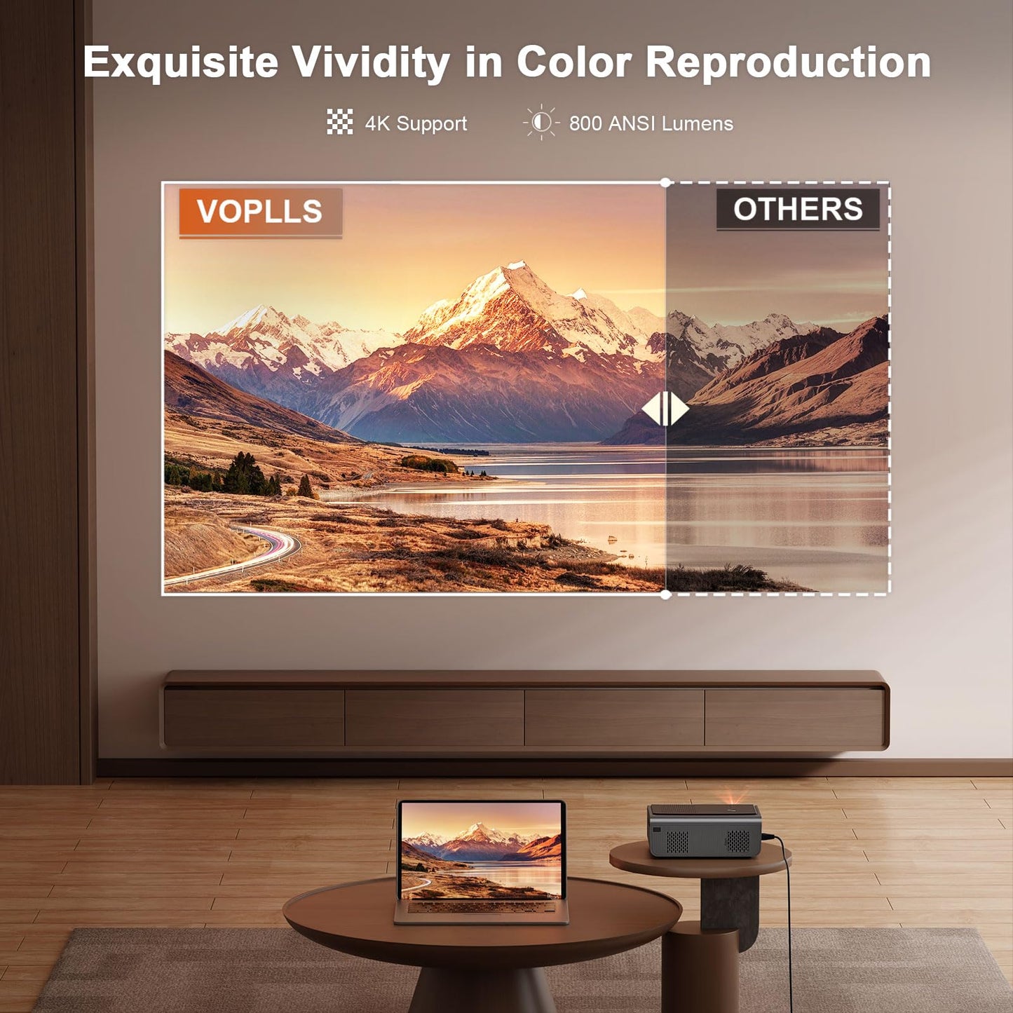 【Officially-Licensed APP & 800 ANSI】Smart Projector with WiFi and Bluetooth 4K Support, VOPLLS Auto Focus/ Keystone Outdoor Portable Movie Phone Video Proyector for Bedroom/Home/Wall/Celling