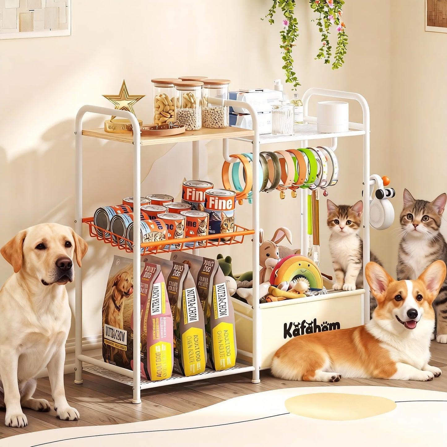 KAFAHOM Dog Toy Bin, Multi-Functional Dog Toy Basket with Collar Rod & Can Dispenser, Puppy Essentials Shelf, Dog Stuff Box, Perfect Basket for Dog Toys in Living Room, Great Gift for Pet Lovers