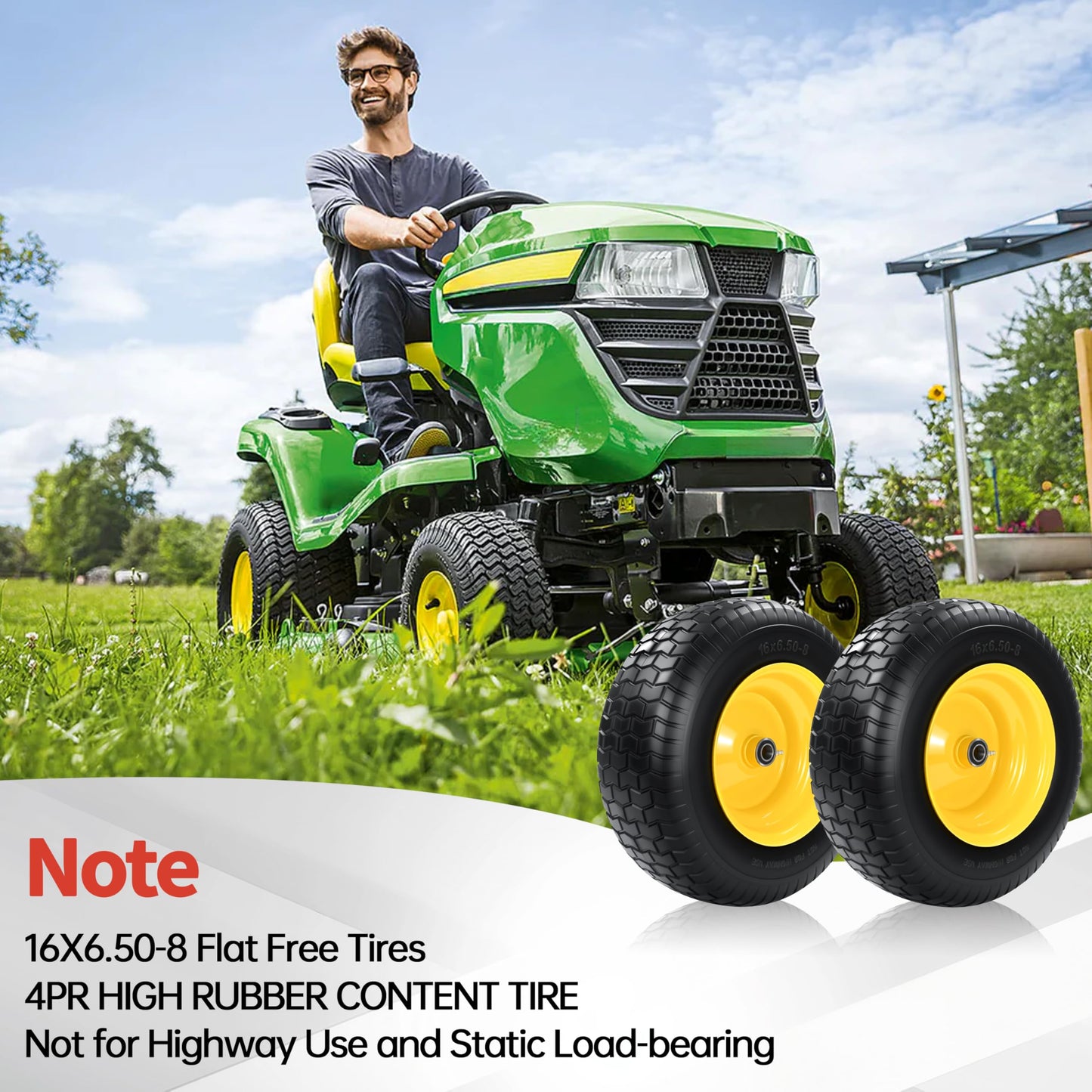 2 PCS 16x6.50-8 Flat Free Riding Lawn Mower Tire and Wheel with 1" Bushing, 3/4"Bearing，3"Offset Hub,Fit for Lawn Mowers and Garden Tractor, Solid Mower Wheel for Residential and Commercial 500 Lbs