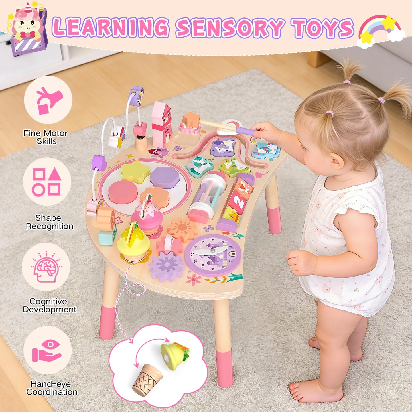 Hewaurorion Wooden Activity Table for Toddlers 1-3, Unicorn 10-in-1 Montessori Busy Board with Bead Maze Shape Matching Gears Clock, Sensory Learning Toys for 1 2 3 Year Old Girls Boys Birthday Gift