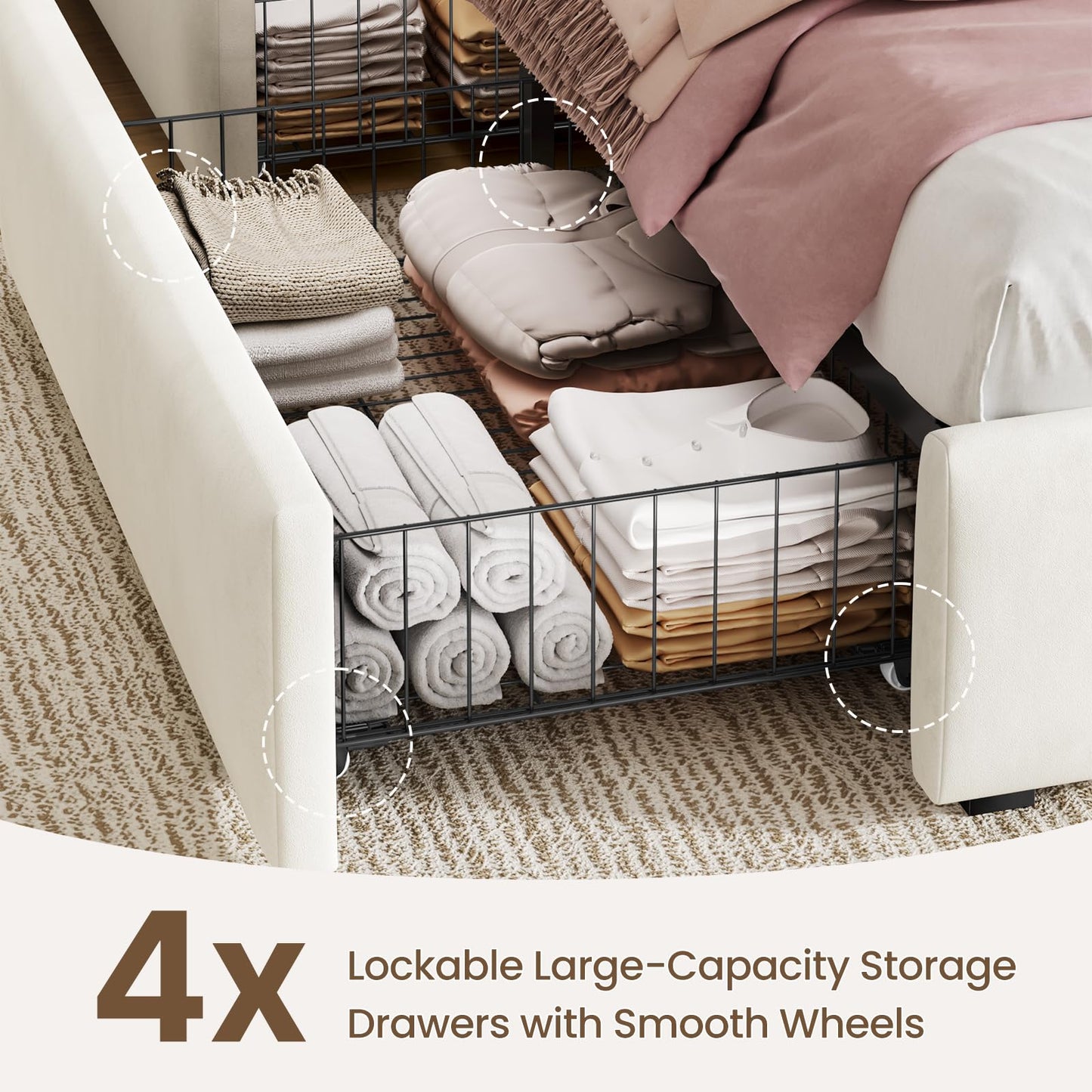 CypBed Queen Size Bed Frame with 4 Storage Drawers & LED Lights, Velvet Upholstered Platform Bed Frame with Charing Station and Adjustable Headboard, Wood Slats Support, No Box Spring Needed, White