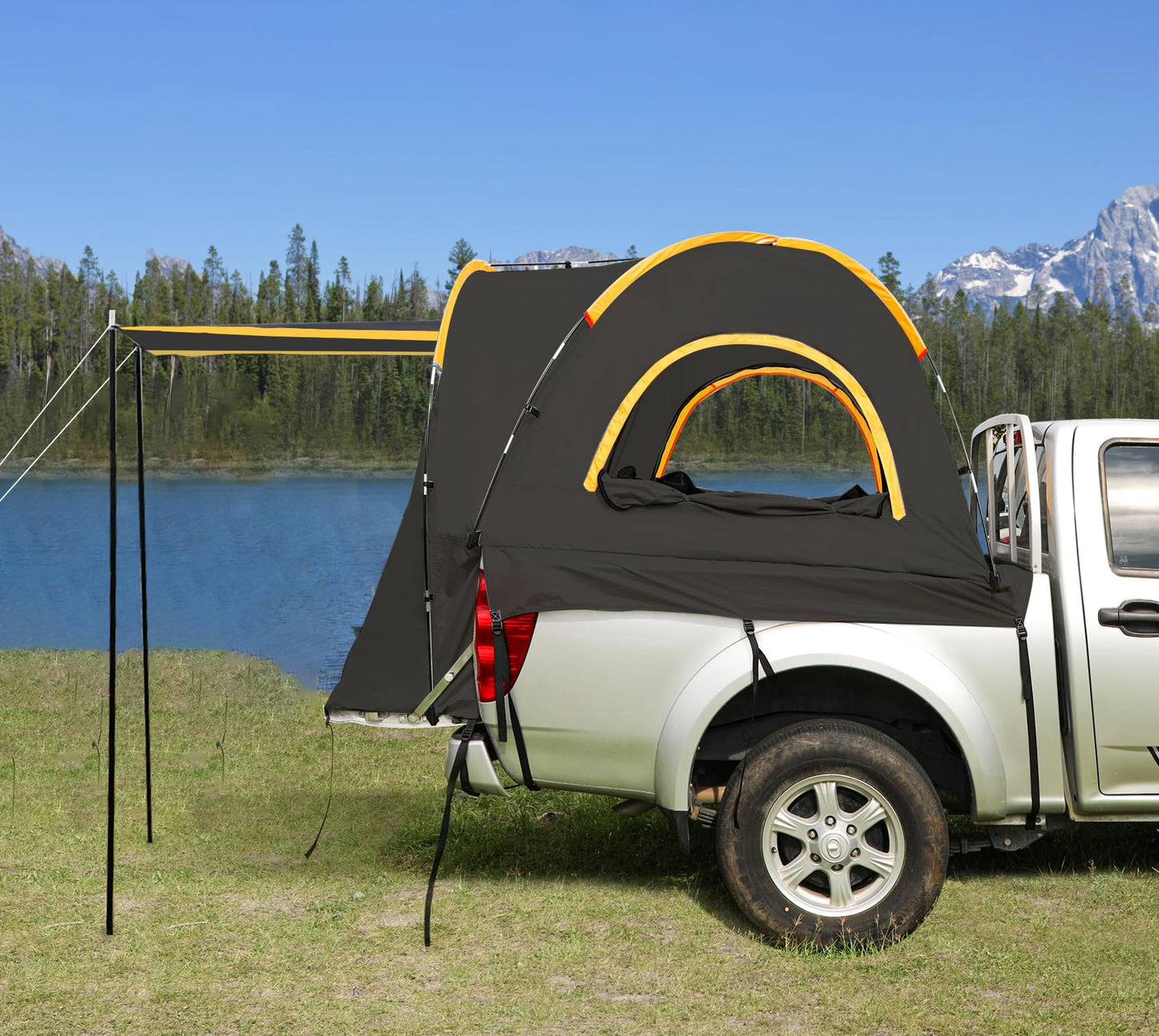 Hrefeu Pickup Truck Blackout Tent with Awning Black, Portable 5.5-6.5Ft Truck Bed Tent for Camping, Waterproof PU2000mm Double Layer for 2 Person, Compact and Full Size Regular Bed Long Bed (5.5-5.8)