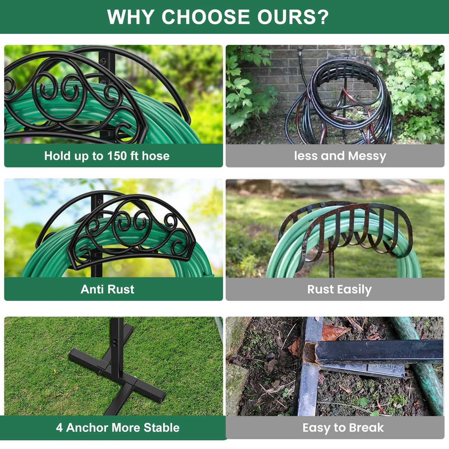 Sunvigor Garden Hose Holder Detachable Water Hose Holder, Thicker Metal Hose Stand Storage Rack, Freestanding Hose Storage for Outdoor, Yard, Lawn