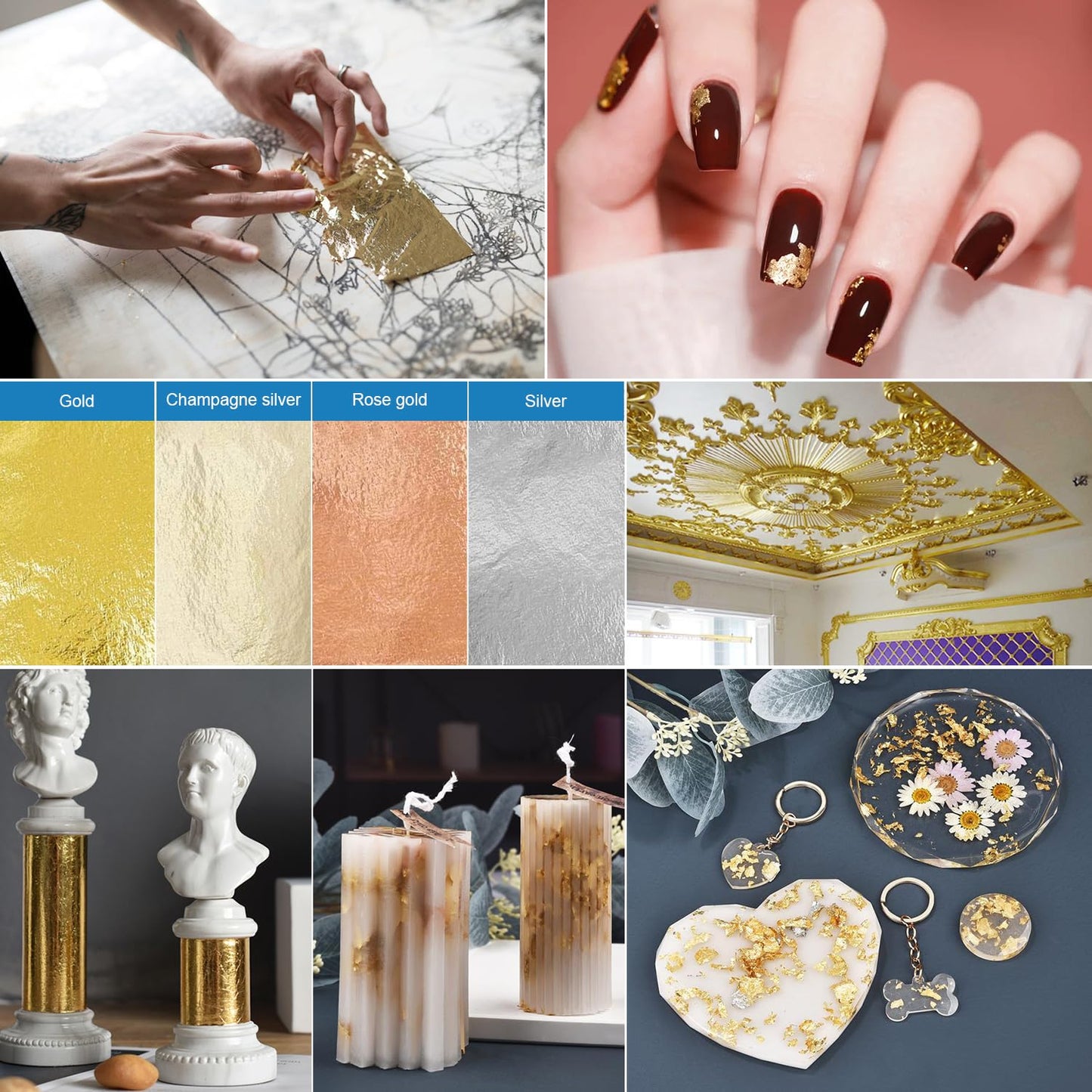 400 Pcs Imitation Rose Silver Gold Leaf Sheets for Resin, Gold Foils Sheets Paper Nail Foil for Paint, Resin, Nails, Jewelry, Arts, Gilding Crafting, Decoration, Sculpture, Furniture