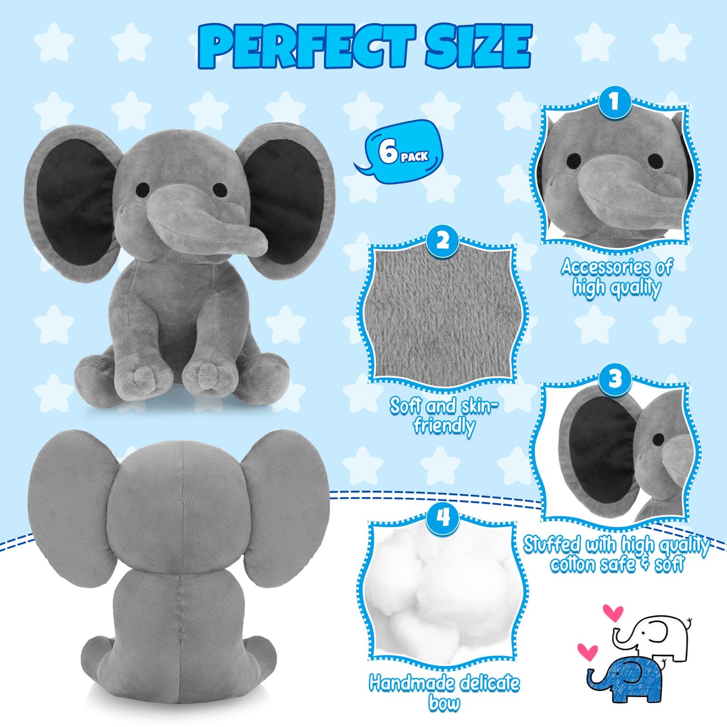 Glimin 6 Pieces Elephant Stuffed Animals 9.84 Inches Soft Cute Elephant Plush Toys for Baby Shower Themed Birthday Party Supplies(Grey)