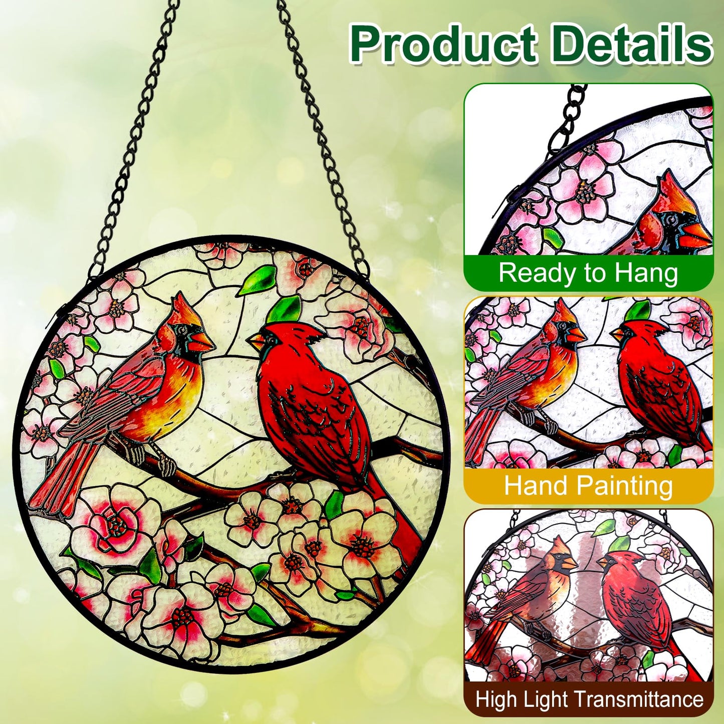Remiawy Cardinal Stained Glass Window Hanging, 6 Inch Sun Catcher Glass Panel with Metal Chain and Hooks Suncatcher Indoor Window Wall Art Home Decor Gift for Bird Lovers Women Mother's Day Christmas