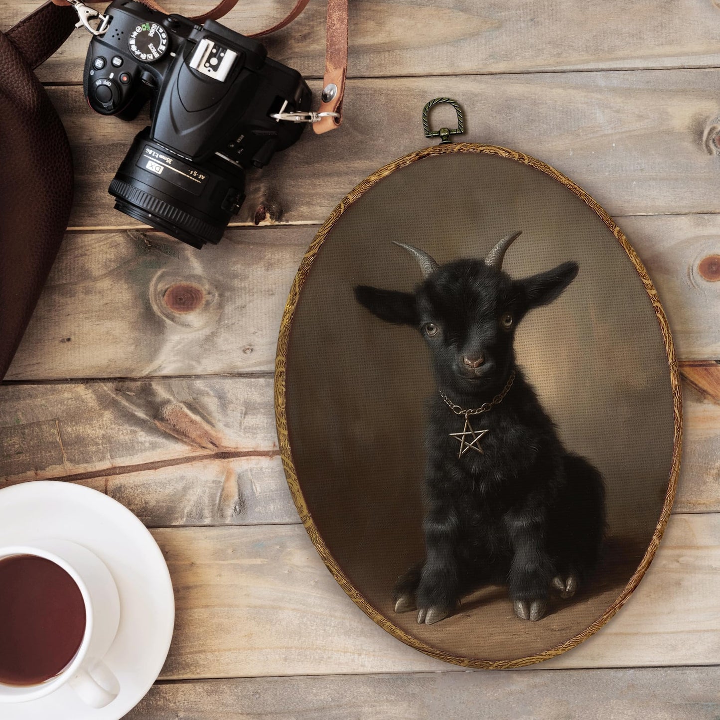 fZSZSD Gothic Black Goat Oval Wall Art Decor, Satanic Baphomet Sheep Oval Framed Canvas Art Prints, Dark Academia Witchy Goat Wall Hanging Decor for Bedroom Living Room Home, 8.5x11.5 Inch