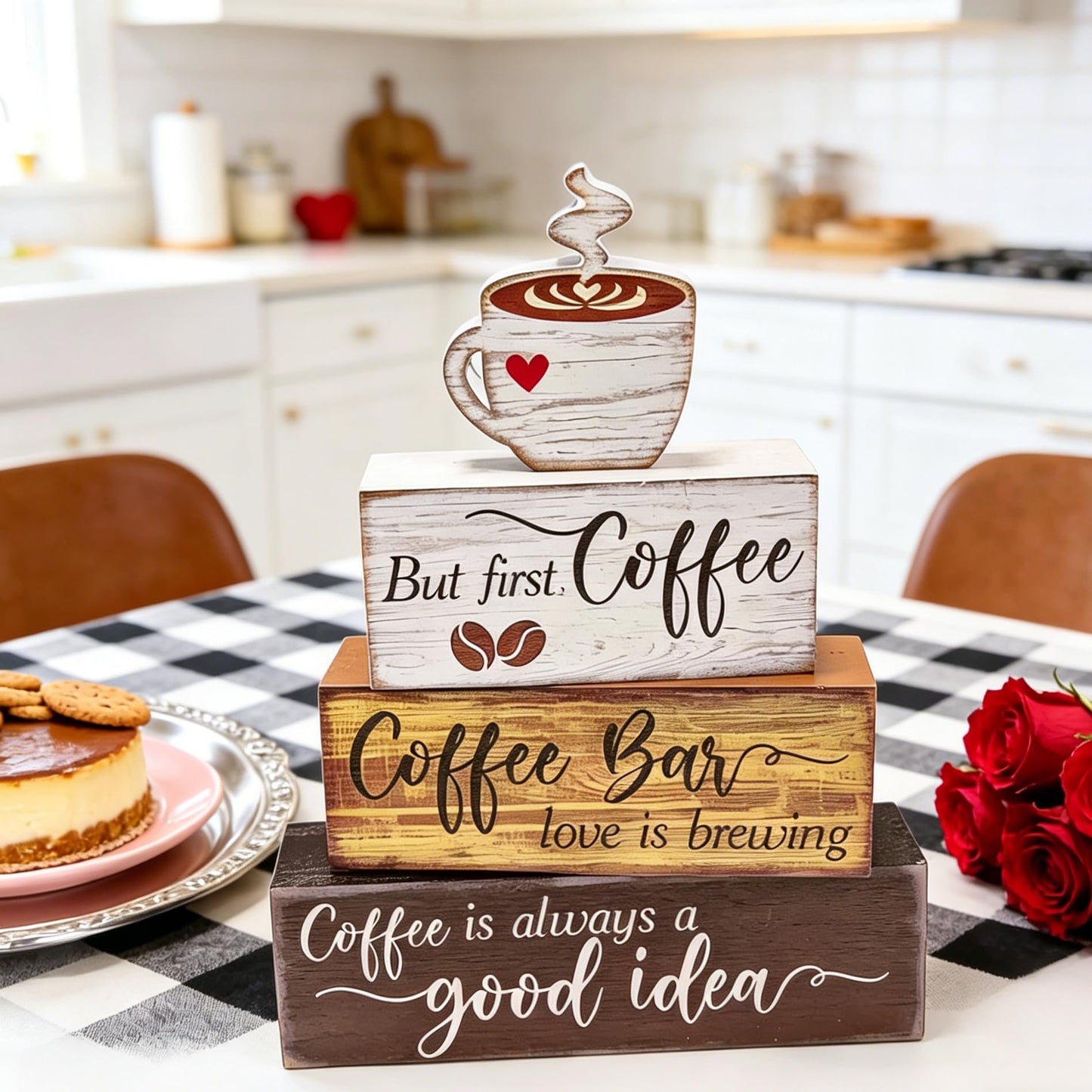 4 Pcs Wooden Coffee Bar Decorations Rustic Coffee Bar Signs for Tiered Tray Farmhouse Coffee Station Table Centerpiece Wood Bar Sign Gift Set Farmhouse Decor for Home Kitchen Tabletop