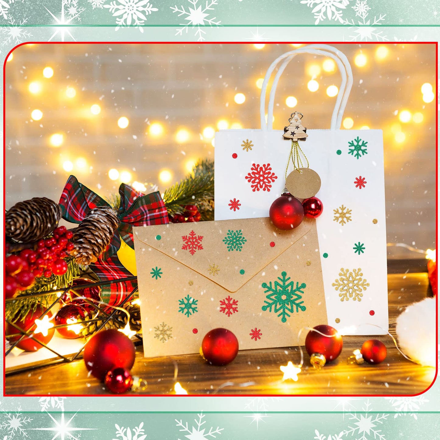 Outus 16 Sheets Snowflake Stickers Glitter Winter Frozen Stickers Snowflake Party Favors Christmas Scrapbook Crafts Assorted Size, 39 Pcs Snow Flakes Dot Decals Per Sheet (Red,Green,Gold)