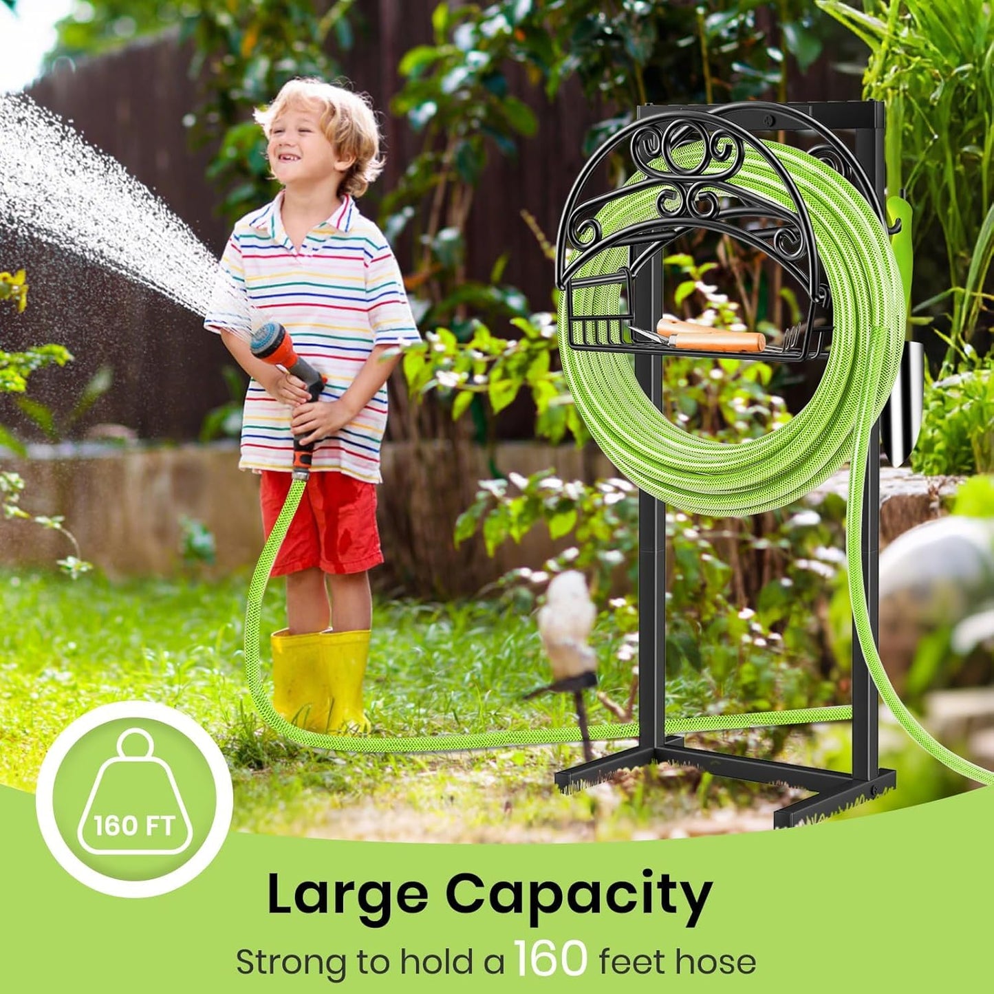 TomCare Garden Hose Holder Upgraded Water Hose Holder with Storage Basket Heavy Duty 4 Spikes Hose Hanger Holds 160 Feet Hoses Stable Freestanding Hose Storage Organizer for Outside Yard