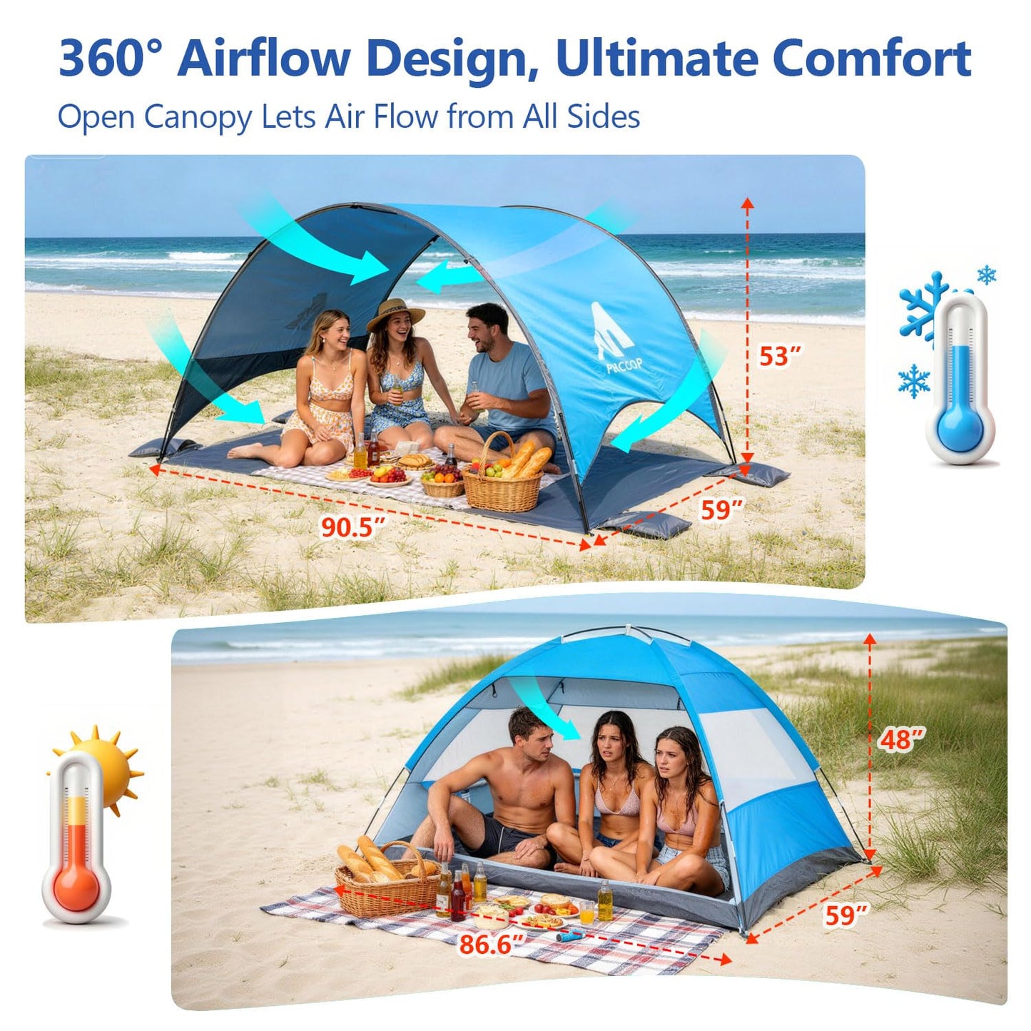 Flycoop 2026 Upgraded Beach Umbrella Canopy with UPF 50+ UV Protection – Portable Beach Tent for Sun, 360° Ventilation, 4 Sandbags, Dual Pockets, Stakes & Ropes, 90.5*59*53 inch for 3 People