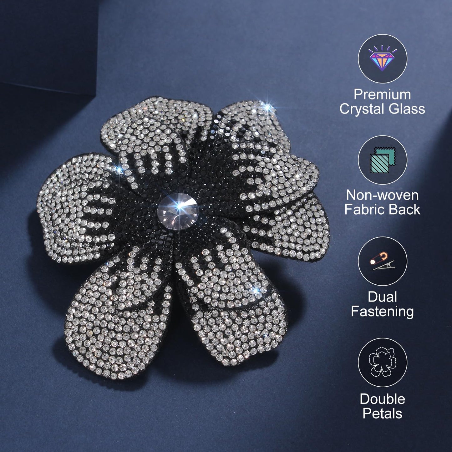 3.74 Inch Rhinestone Camellia Flower Hair Clips | Fashion Accessories Hair Clip | Lapel Pin for Parties & Wedding Events - Stylish Black & White Brooch for Women