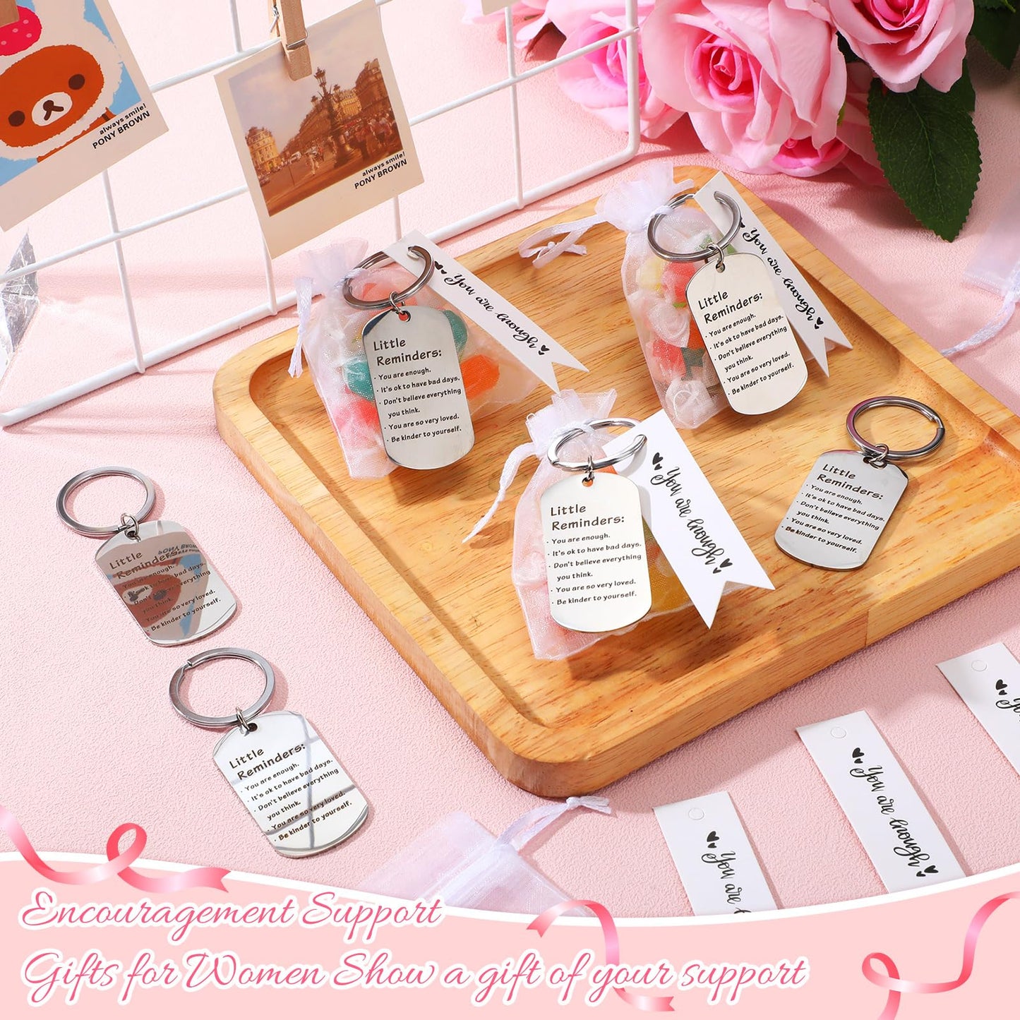 Sureio 6 Set Little Reminder Keychain Mental Health Gift You Are Enough Key Inspiration Uplifting Quotes Organza Bag and Card(White)