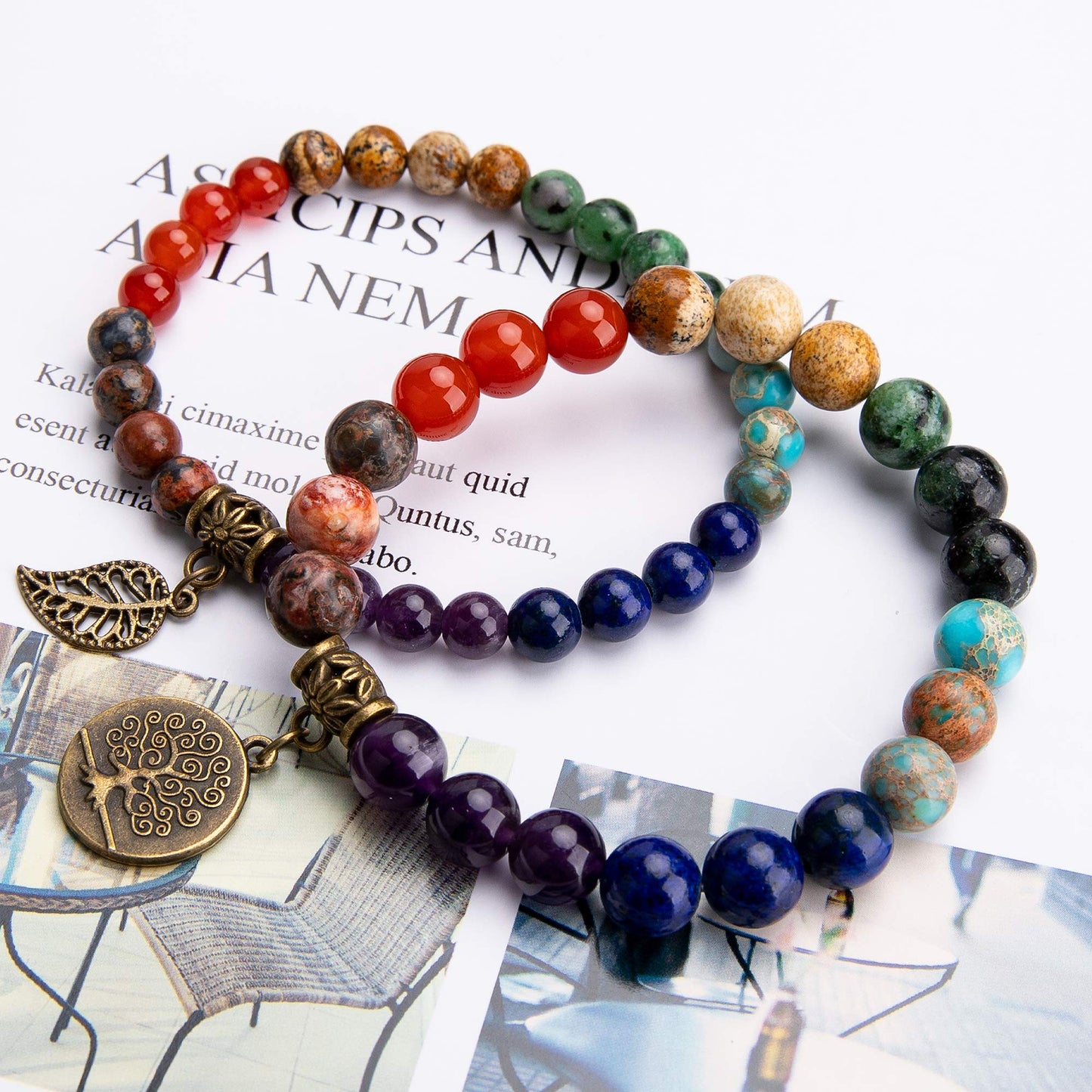 Bivei Beaded Bracelets Tree of Life and Leaf Charm Yoga Meditatoin Healing Crystal Chakras Bracelets Natural Semi Precious Gemstone Beads Stretch Bracelet for Women Anxiety Energy Relief(7 Chakra)