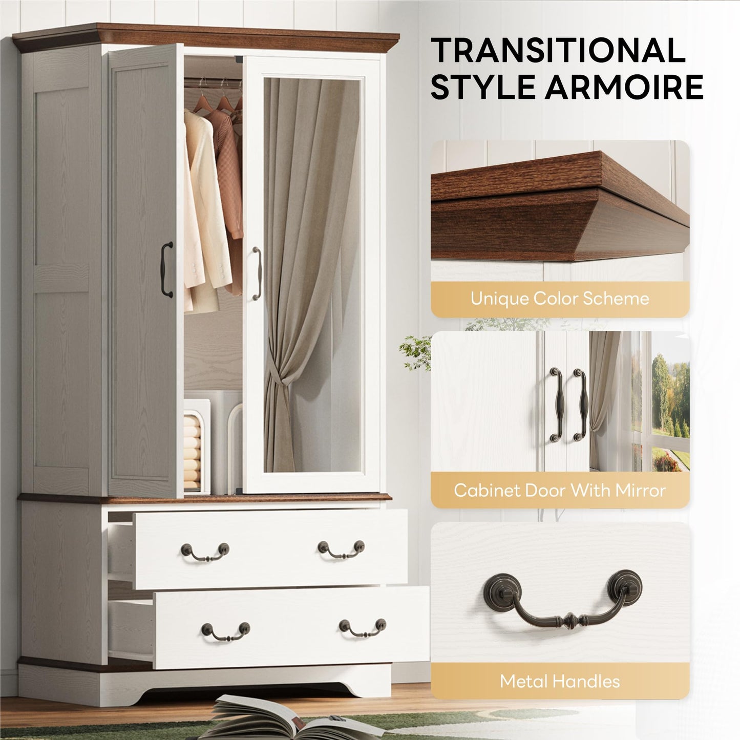 LIKIMIO Armoire Wardrobe Closet with Mirror, 70.1" Wooden Clothing Storage Cabinet with 2 Doors & 2 Drawers, Modern Bedroom Freestanding Wardrobe Combination with Hanging Rod, Cherry with White