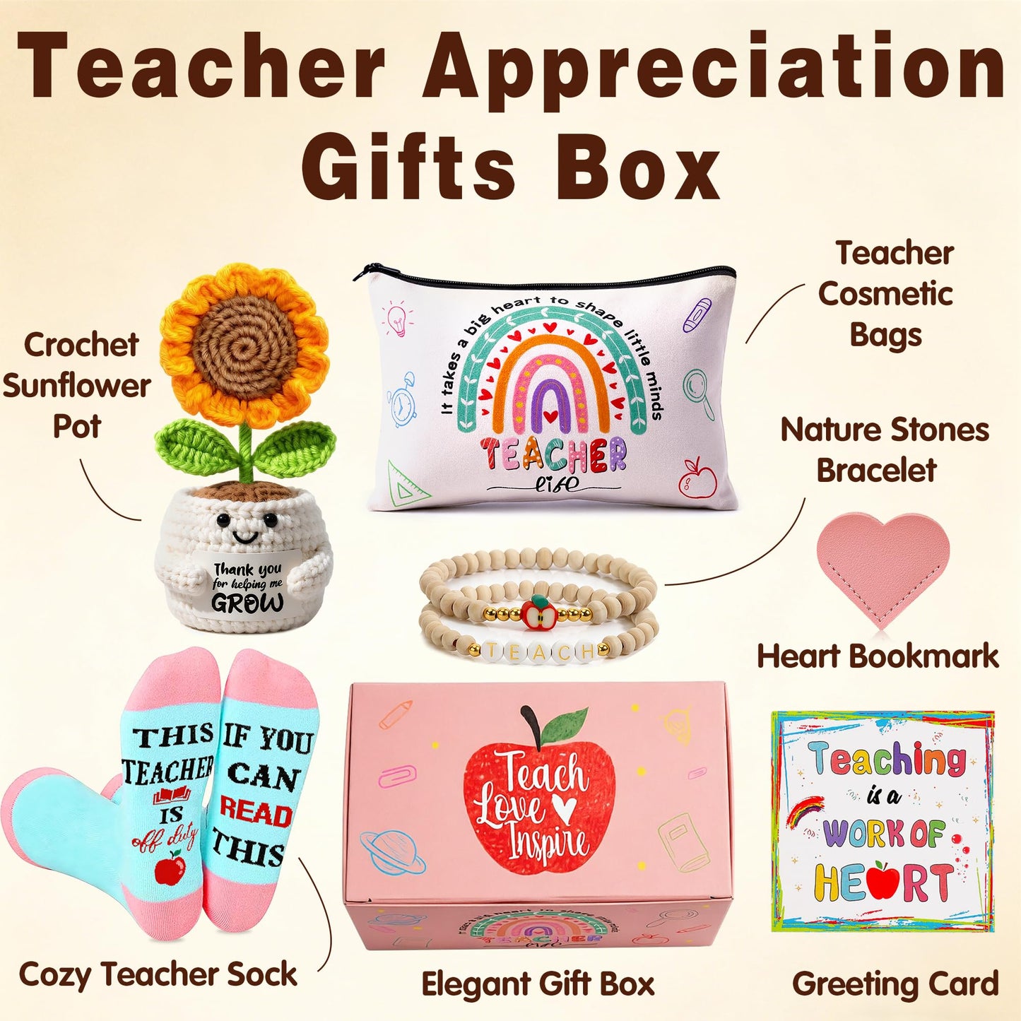 U-Goforst Teacher Appreciation Gifts for Women, Gifts for Teachers, Teacher Gifts Supplies with Makeup Bags Crochet Sunflower Bookmark Bracelet Socks for Teacher Appreciation