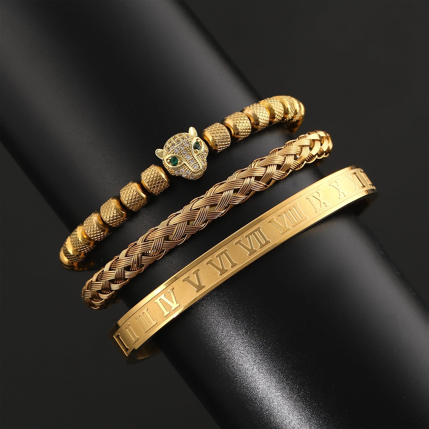 WFYOU 3PCS Stainless Steel Bracelets for Men Gold Roman Numeral Bangle Bracelet Twisted Cable Bracelet Adjustable Cuff Bracelet Mens Luxury Jewelry Bracelets Gifts(O:Gold-CZ Leopard Head)