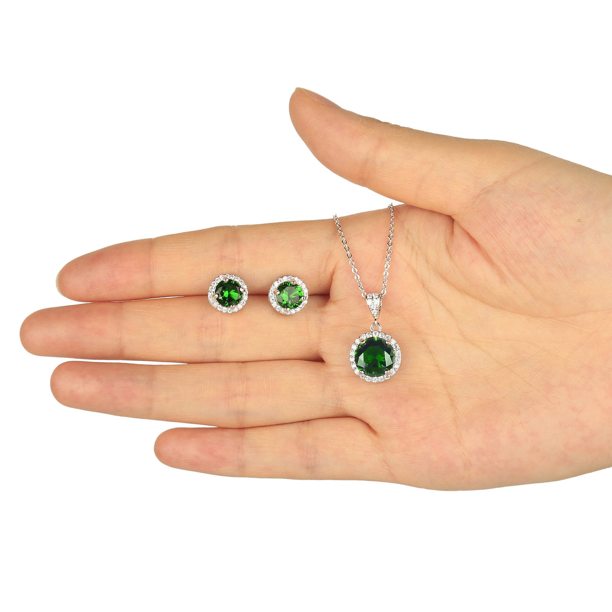 AMYJANE Emerald Necklace and Earrings Set - 14k White Gold Plated Green Round Cubic Zirconia Crystal Pendant and Halo Stud Earrings - May Birthstone Fashion Jewelry for Women