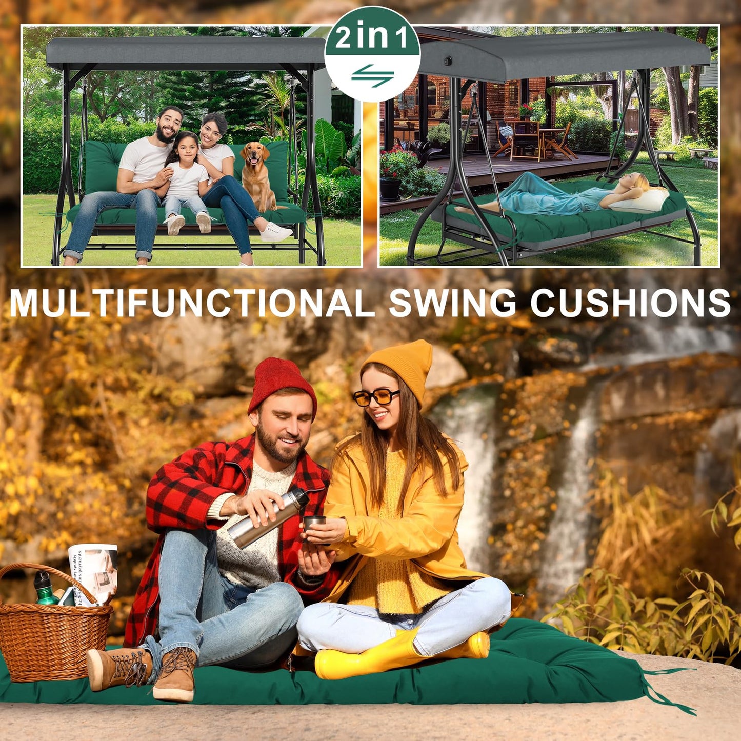 Durable Extra 5" Thick Outdoor Swing Cushions 3 Seater Waterproof Replacement Porch Swing Cushions with Backrest and Ties Fade-Resistant for Outdoor Patio Long Bench Furniture(Dark Green 60×40×5")