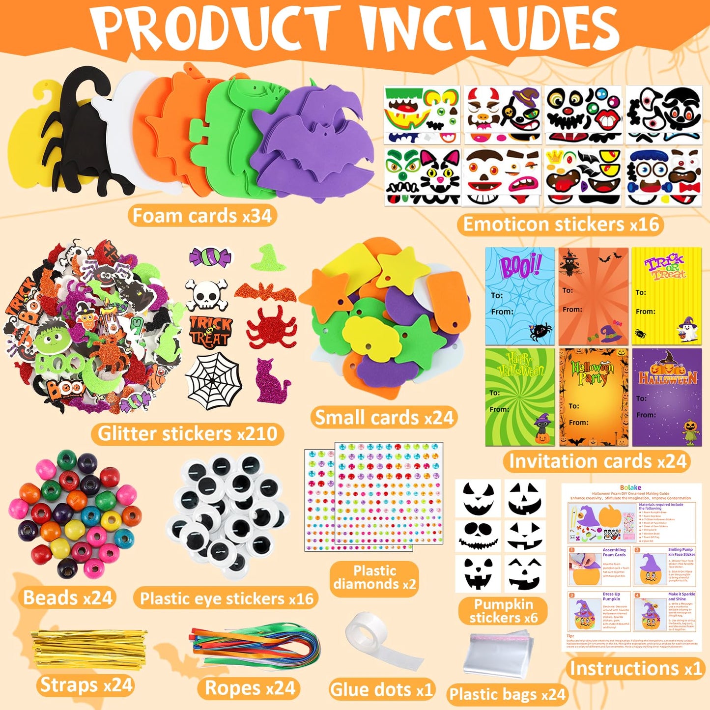 380Pcs Halloween Crafts for Kits 24 Sets Funny Halloween Arts and Crafts for Kids Include 34 Foam Cards 210 Glitter Stickers and All Accessories Included for Kids Adults Halloweens Party Favors