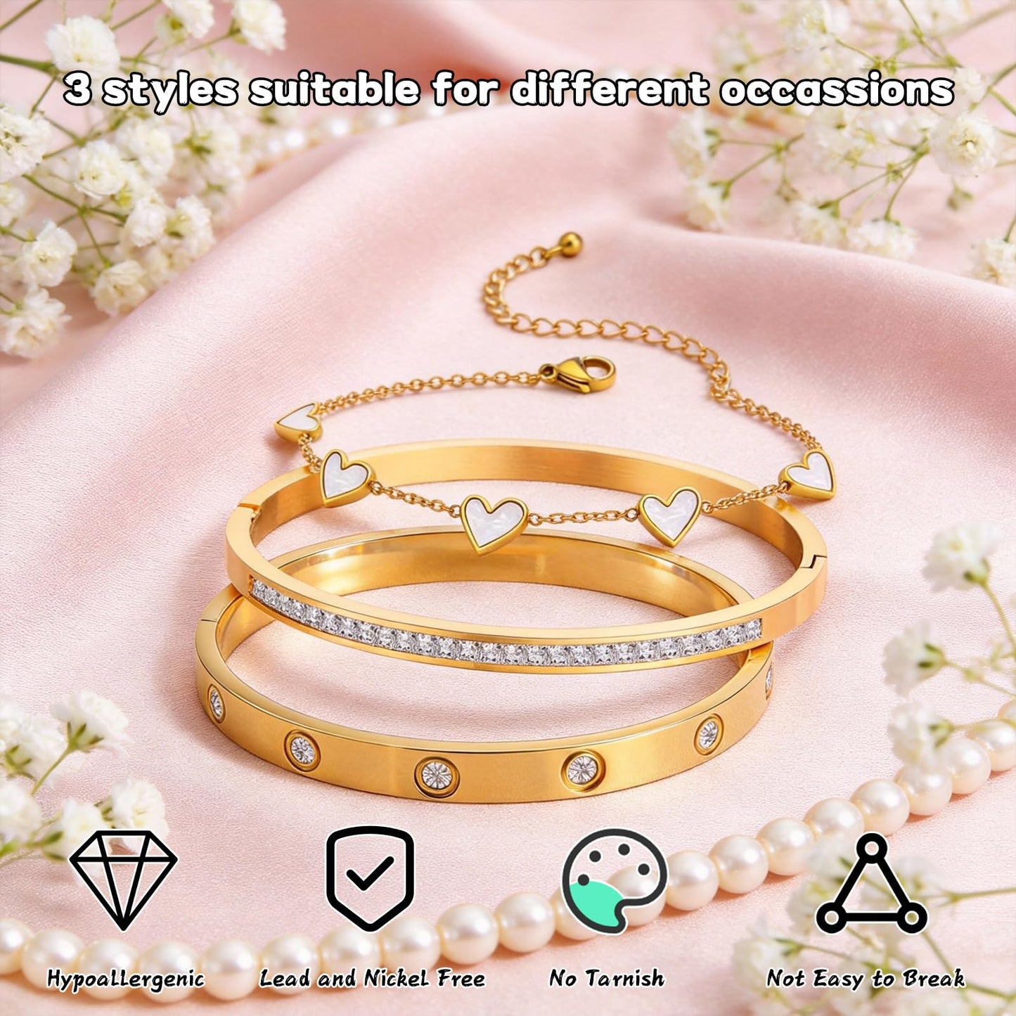 Fashion Nail Love Bangle Bracelet Heart Charm Hand Chain, 18K Gold Plated Stackable Jewelry Sets for Women Tarnish Free Trendy Dainty Bracelet Gift for Valentines Birthday Mother's Day Christmas