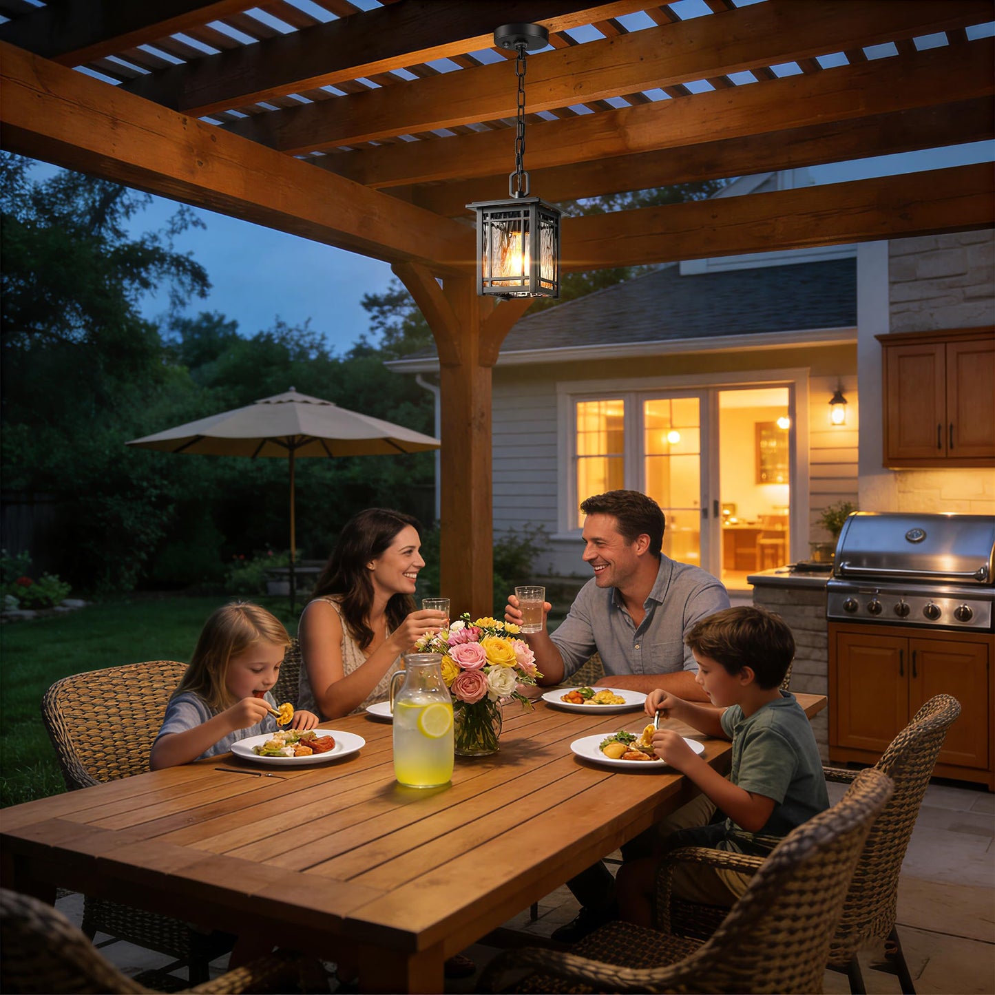 OPAXIS Dusk to Dawn Outdoor Pendant Light Fixtures, Modern Black Outdoor Hanging Lights with Photocell Sensor, Waterproof Exterior Chandelier for Porch, Outside Pendant Lantern with Adjustable Chain