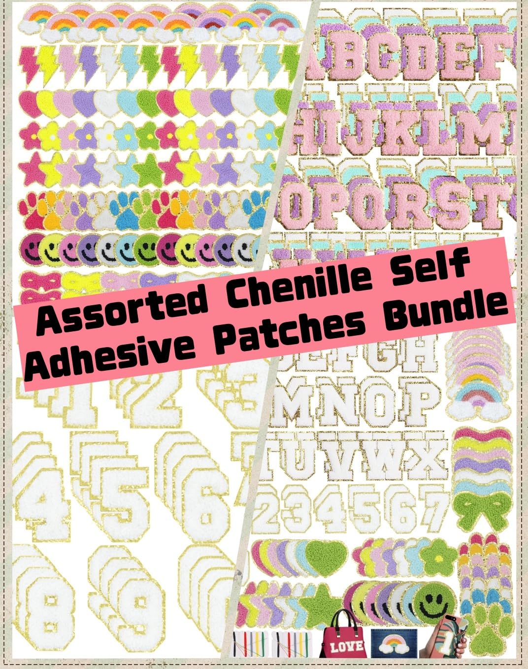 108 Pcs Self Adhesive Chenille Letter and Number 3D Embroidered Patches,Iron on Sew on Letters Alphabet A-Z, Number 0-9 Chenille Fabric Stickers for Clothing, Hats, Shoes, Bags,Jeans,Coats-White
