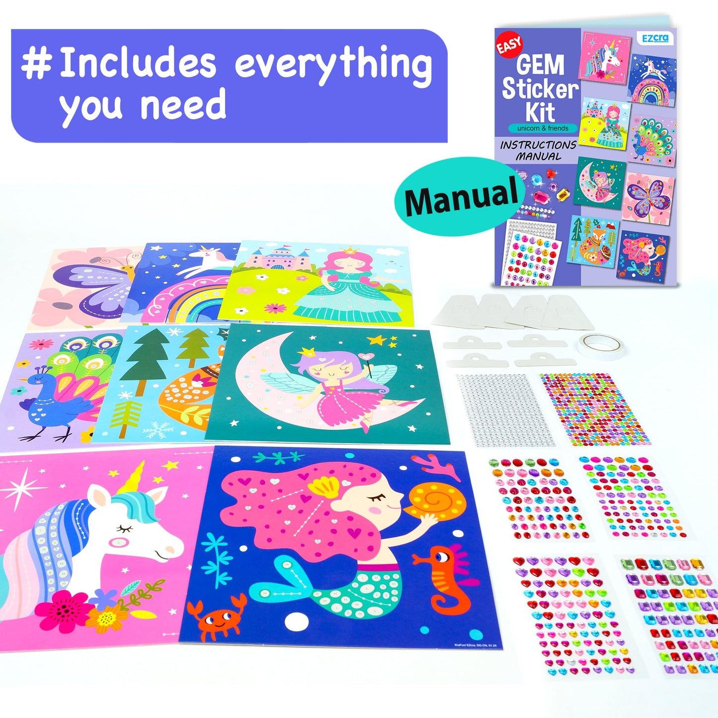 EZCRA Easy Arts and Crafts for Kids - Fun Gem Sticker Kit - 8 Unicorn Princess Themes, 990+ Stickers - Gem Art for Kids - Diamond Art Kits - Gifts for Girls Ages 3-8