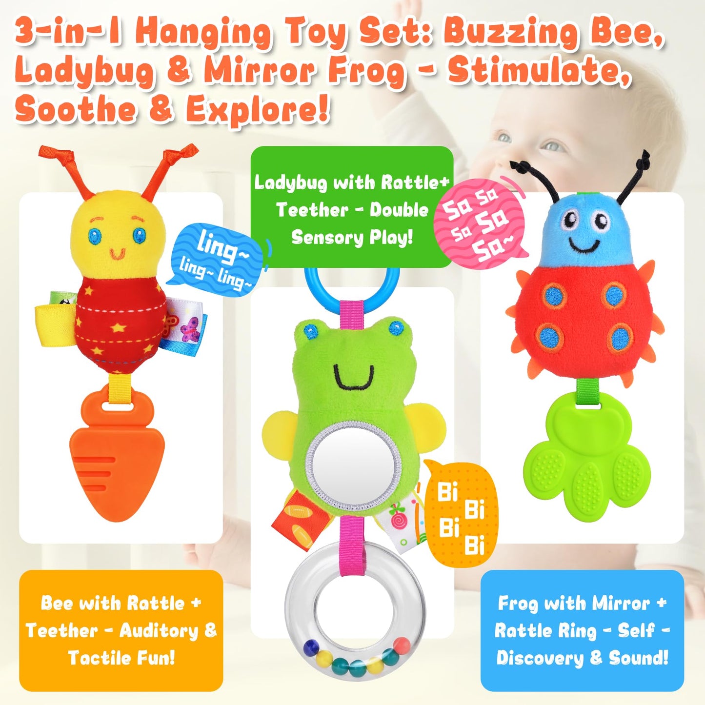 Zendstanding Spiral Car Seat Toys for Infants, 0-6 Months Carseat & Stroller Pram Separable Activity Hanging Toys with Rattle, Teethers, Newborn Soft Plush Travel Toy for Boys Girls Essentials Gifts