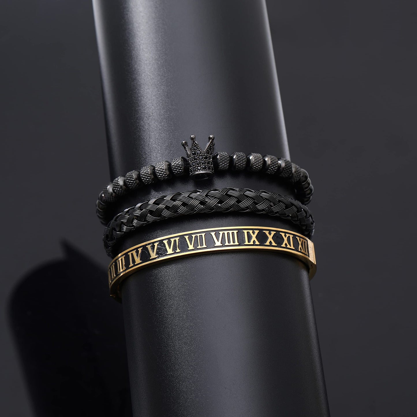 WFYOU 3PCS Stainless Steel Bracelets for Men Gold Roman Numeral Bangle Bracelet Twisted Cable Bracelet Adjustable Cuff Bracelet Mens Luxury Jewelry Bracelets Gifts(I:Black)