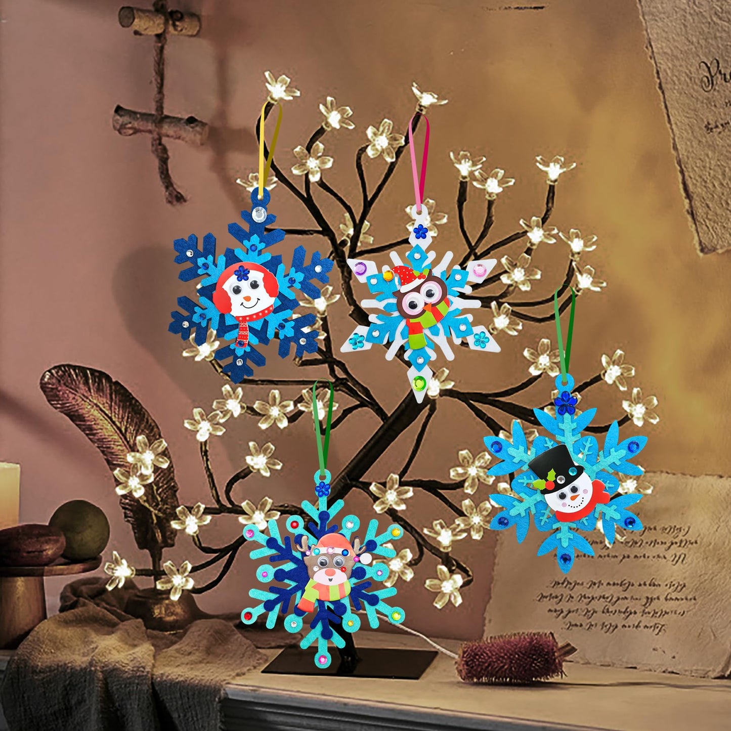 Ruicnte 24 Sets Christmas Craft Art Kits for Kids,DIY Winter Snowflake Crafts with Penguin Snowman Santa Sticker for Christmas Tree Ornaments Decoration for Home Classroom Activities Favors