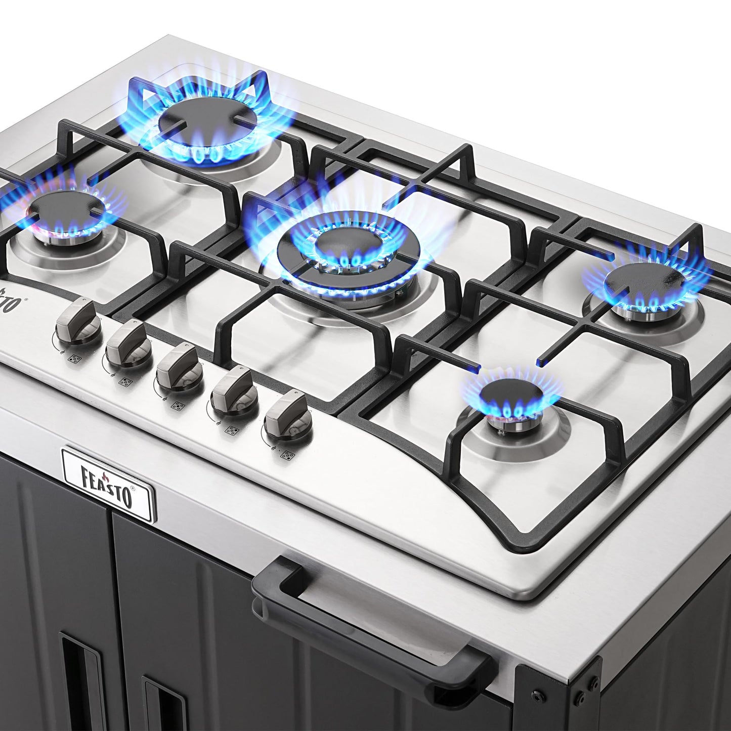 Feasto Gas Grill, Movable Outdoor Gas Stove Stainless Steel Top with Cabinet, 5 Burners with 36,200 BTUs, Outdoor Propane Grill for Outdoor Cooking, Ideal for Lawn & Garden, L35.4 x W24