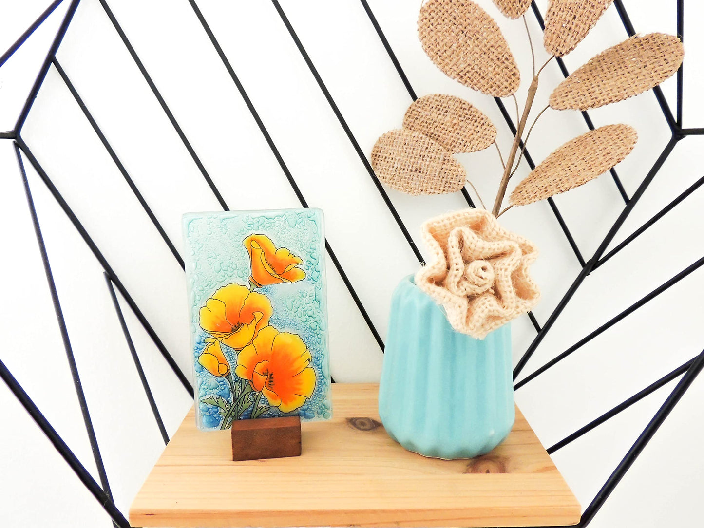 Bolla Glass Art - California Poppy Ornament Desk - Handmade Fused Glass Art, 4.35-Inch Tabletop Decoration, Unique Handmade Gift, Scratch-Resistant & Fade-Resistant, Eco-Friendly with Wooden Stand