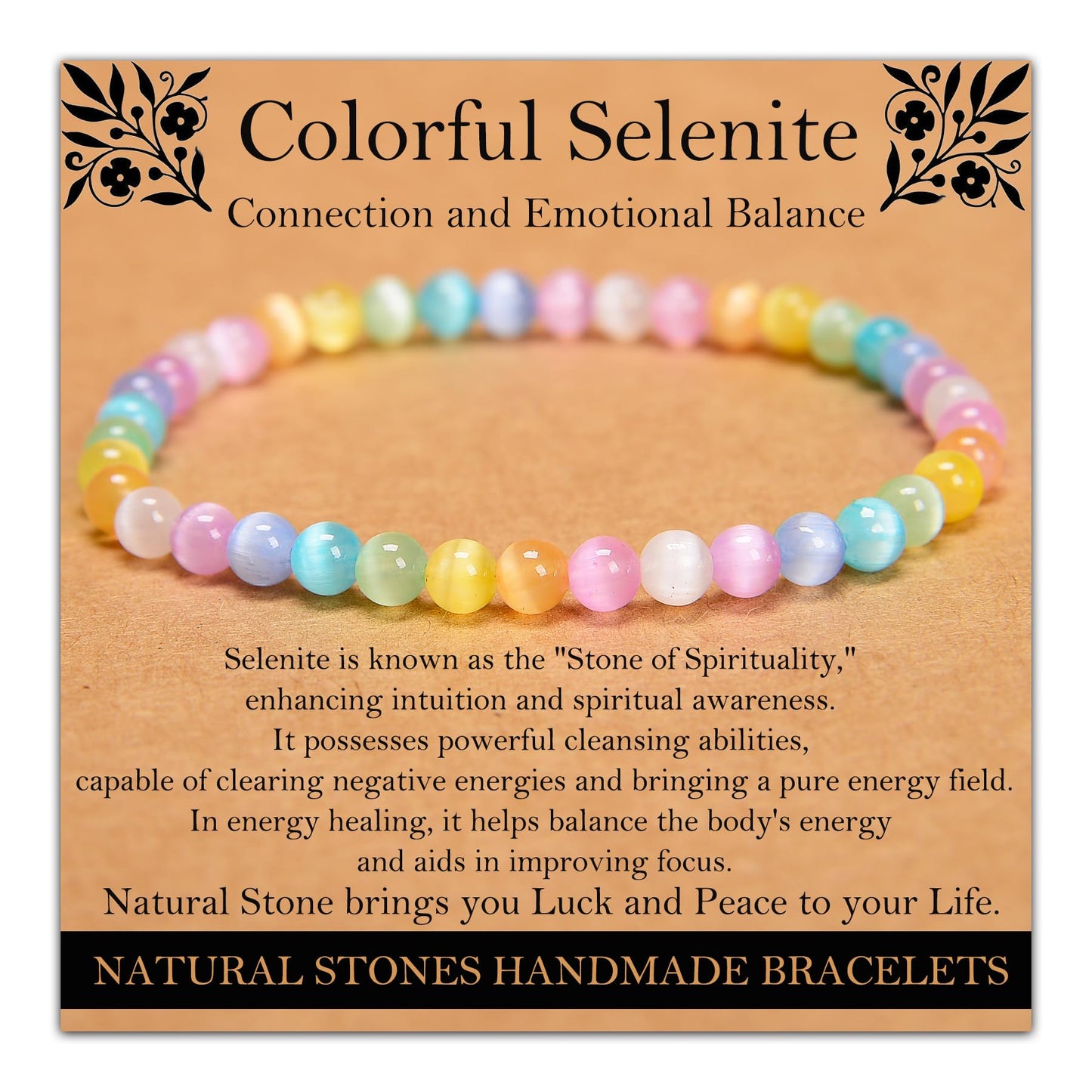 Handmade Natural Gemstone Elastic Bracelet - Healing Crystal Beads Jewelry, Unisex (Colourful Selenite, 4mm)